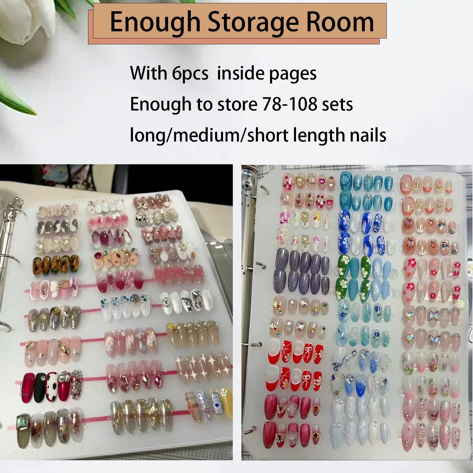 GUXACU Large Press On Nail Organizer – Clear Nail Storage Book (78–108 Nail Sets) with Tape
