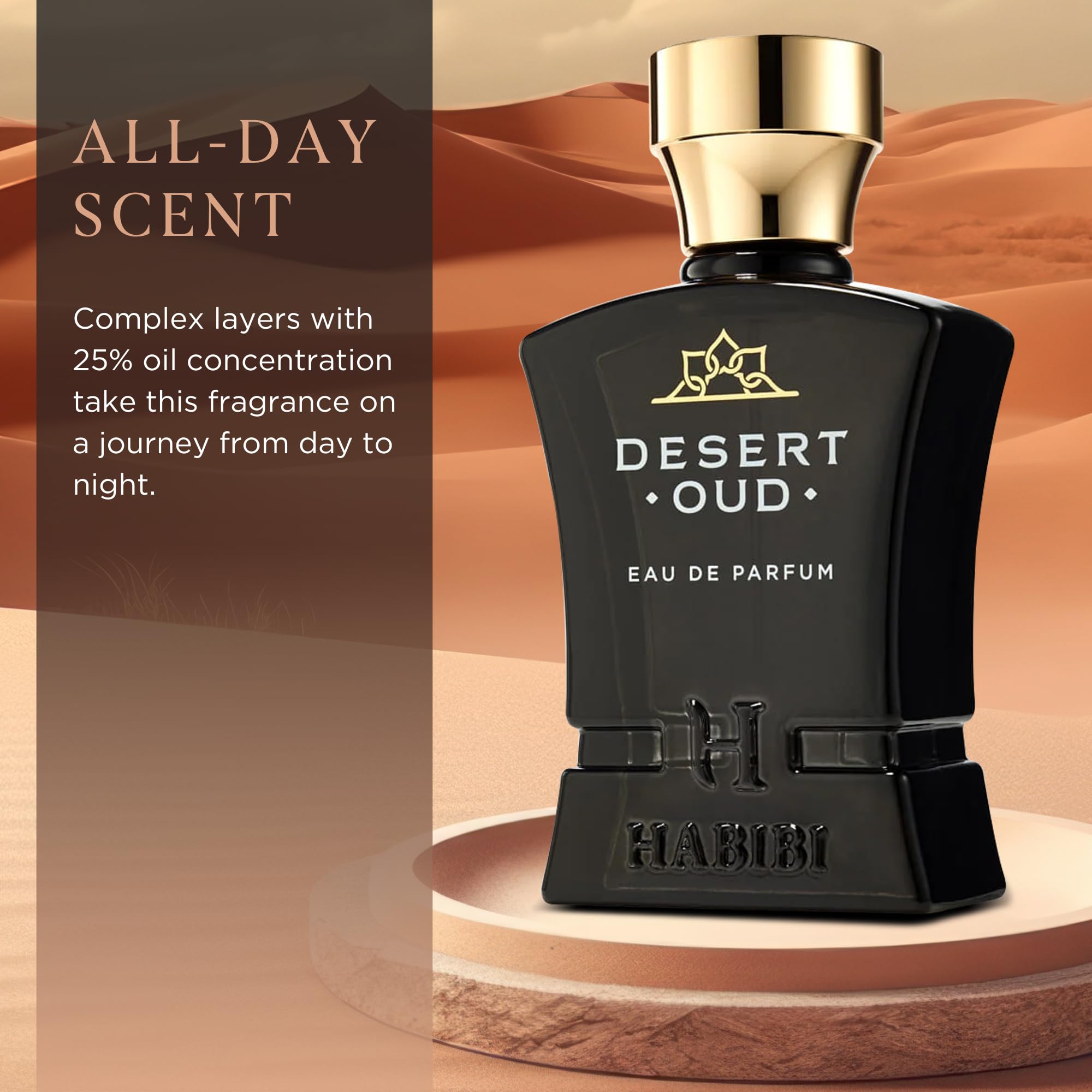 H HABIBI Desert Oud Perfume for Men – 2.5 oz / 75 ml Long-Lasting Floral Woody Arabian Cologne