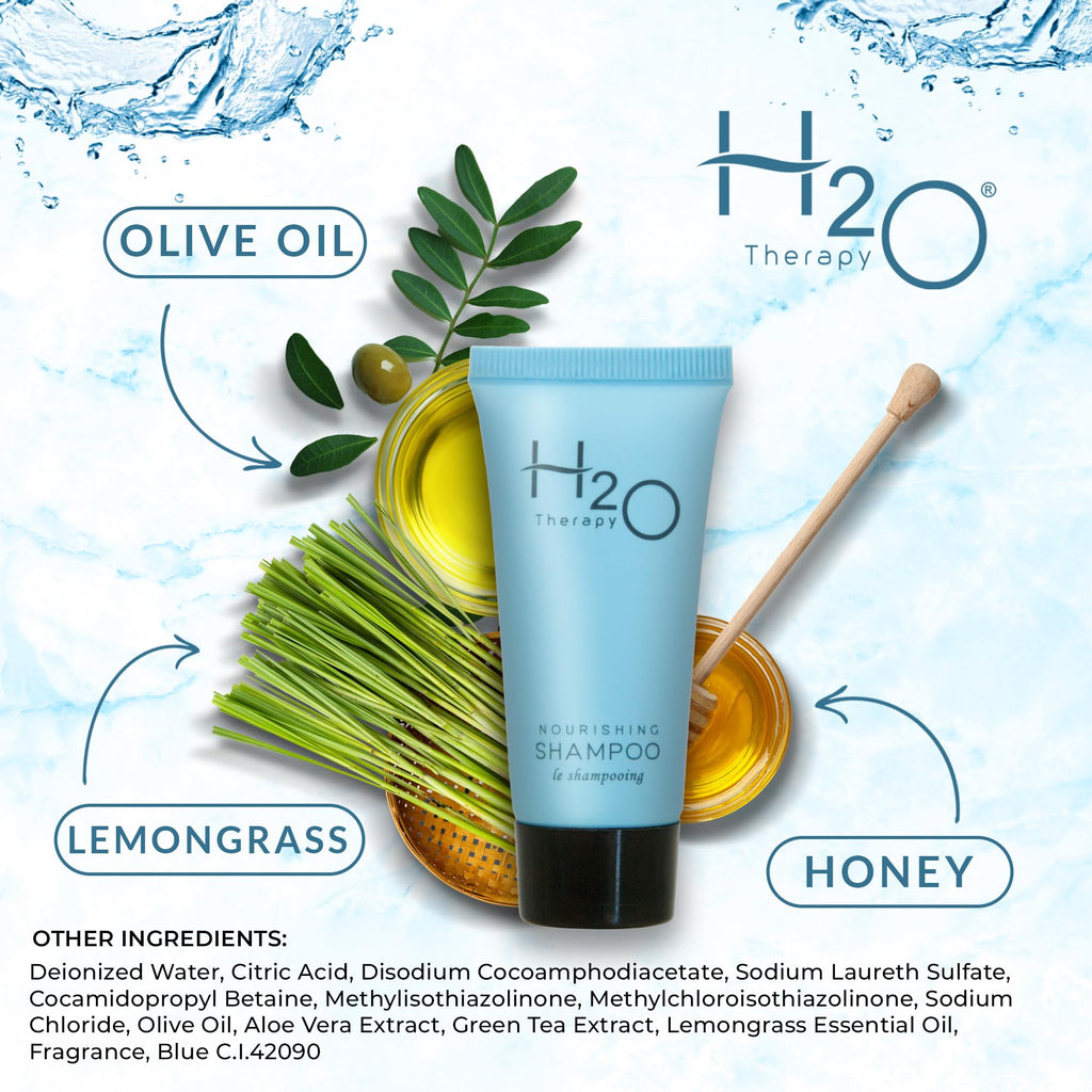 H2O Therapy Travel Size Hotel Shampoo — 20 x 0.85 oz Bottles, Paraben-Free, Green Tea, Aloe & Olive Oil