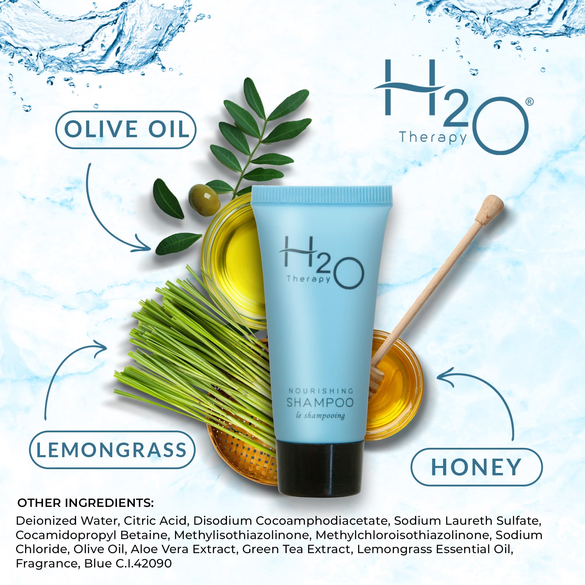 H2O Therapy Travel Size Hotel Shampoo — 20 x 0.85 oz Bottles, Paraben-Free, Green Tea, Aloe & Olive Oil
