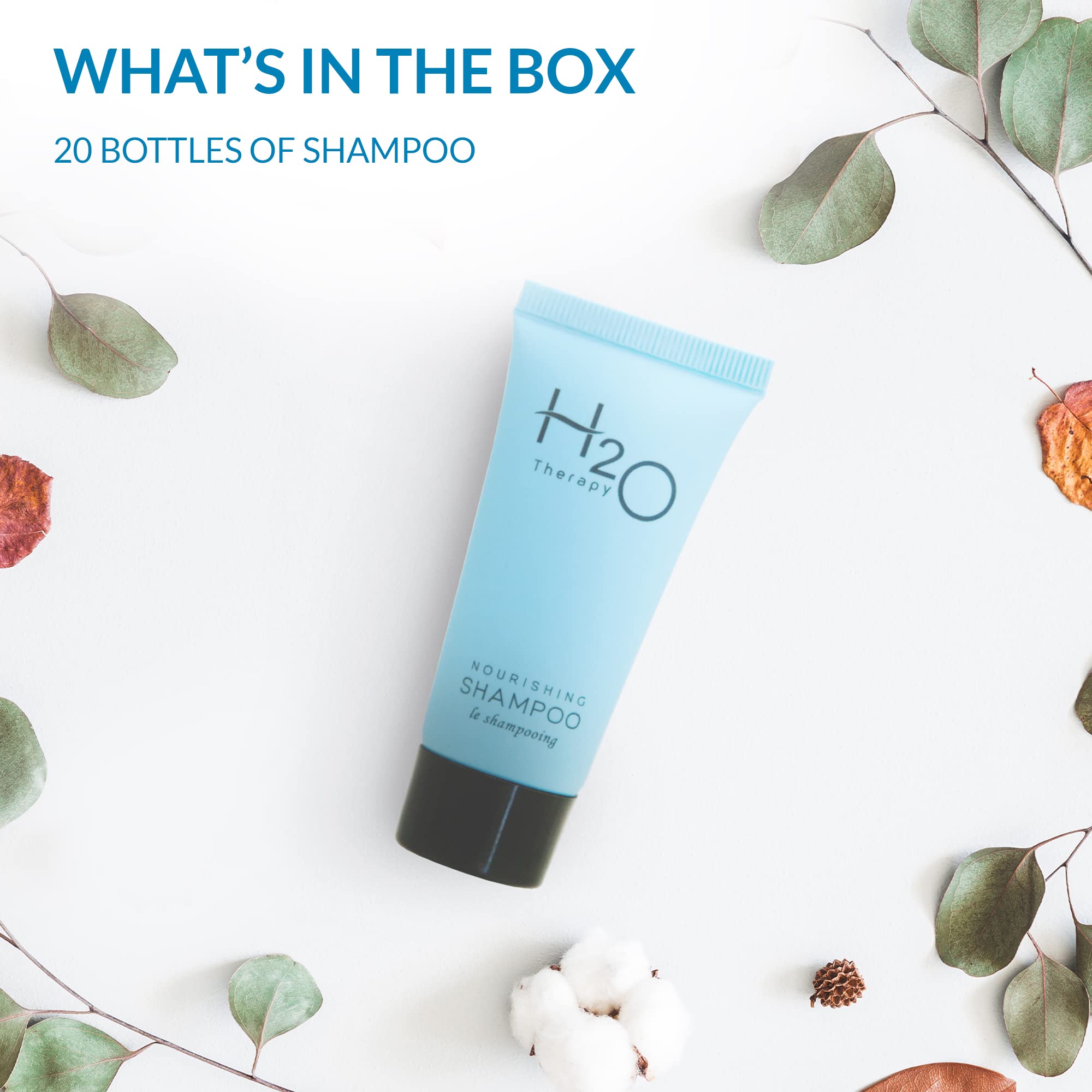 H2O Therapy Travel Size Hotel Shampoo — 20 x 0.85 oz Bottles, Paraben-Free, Green Tea, Aloe & Olive Oil