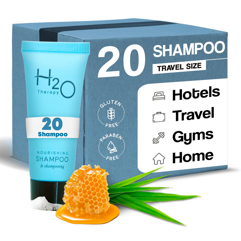H2O Therapy Travel Size Hotel Shampoo — 20 x 0.85 oz Bottles, Paraben-Free, Green Tea, Aloe & Olive Oil