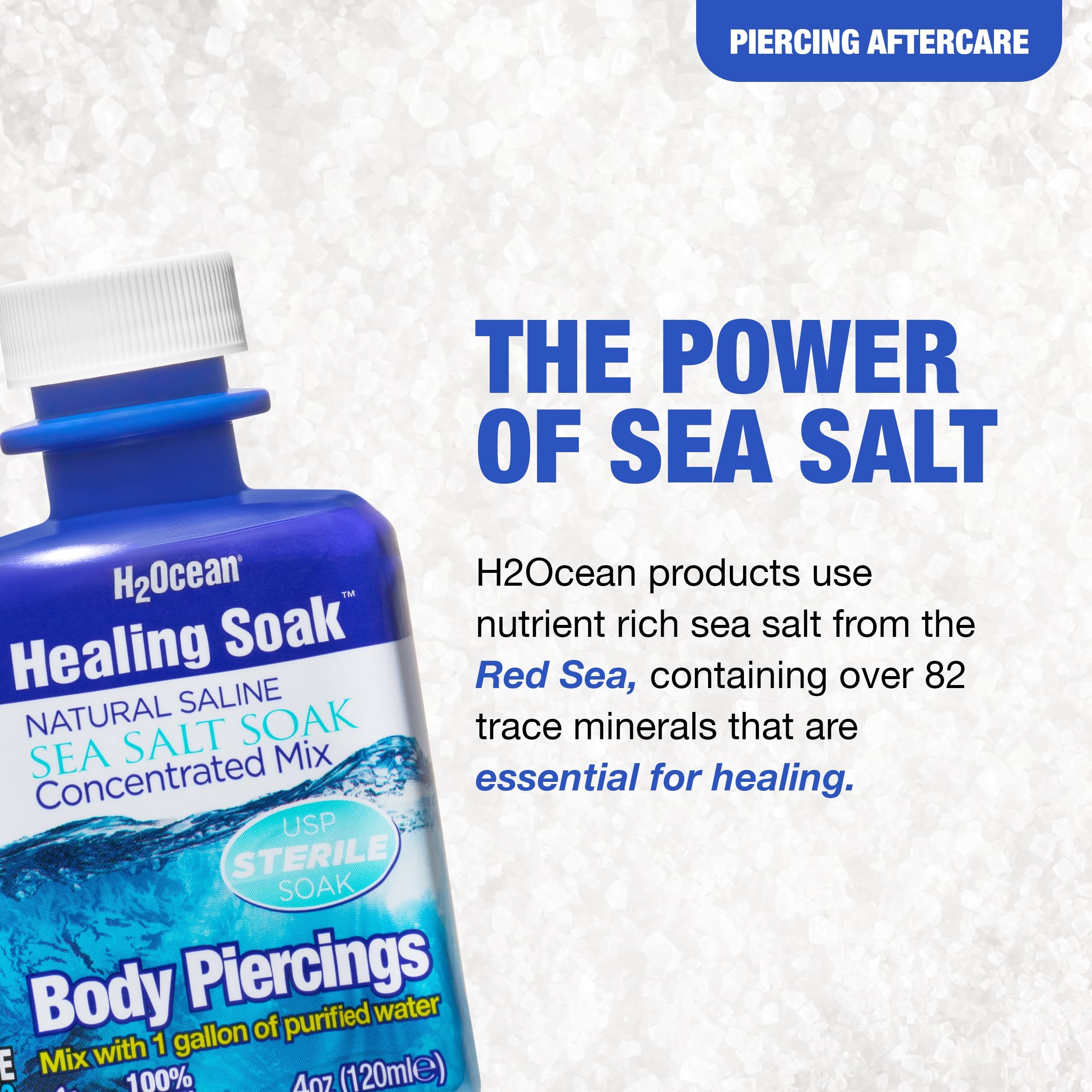 H2Ocean Healing Soak Piercing & Wound Sea Salt Bath - Sea Salt Saline Solution for Piercing & Wound Care - Soothing Aftercare for Body Piercings - 4 oz
