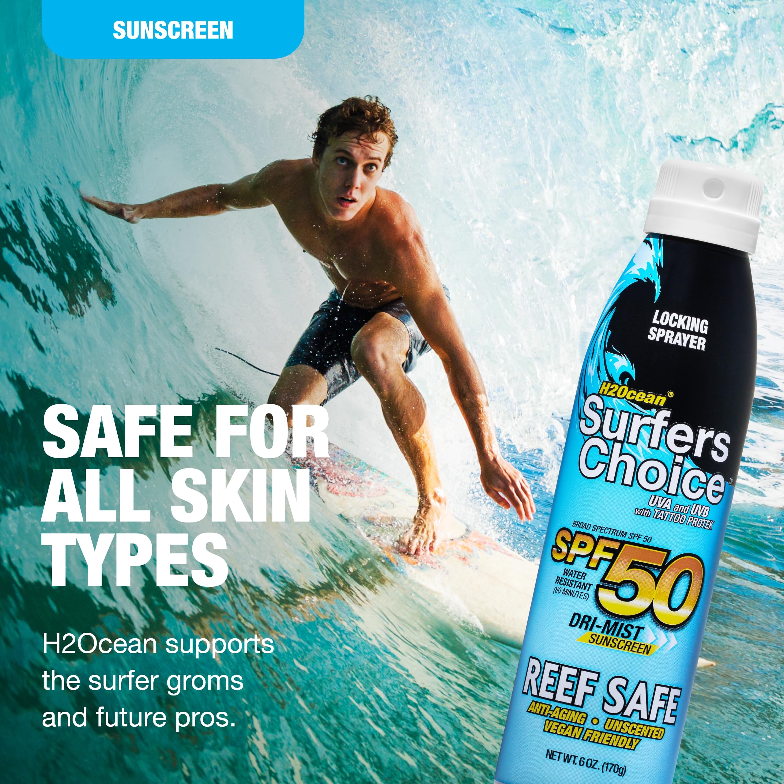 H2Ocean Surfers Choice SPF 50 Spray – Tattoo Aftercare & Quick-Dry UV Protection (6 oz)