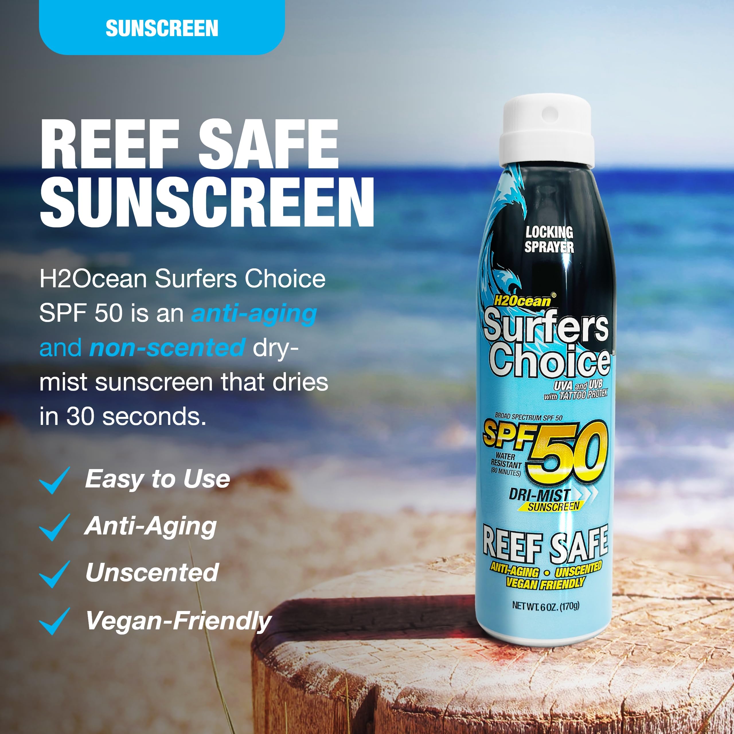 H2Ocean Surfers Choice SPF 50 Spray – Tattoo Aftercare & Quick-Dry UV Protection (6 oz)