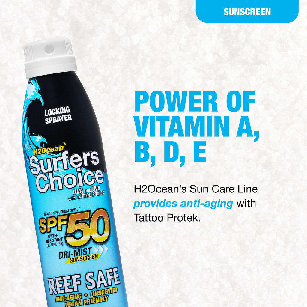 H2Ocean Surfers Choice SPF 50 Spray – Tattoo Aftercare & Quick-Dry UV Protection (6 oz)