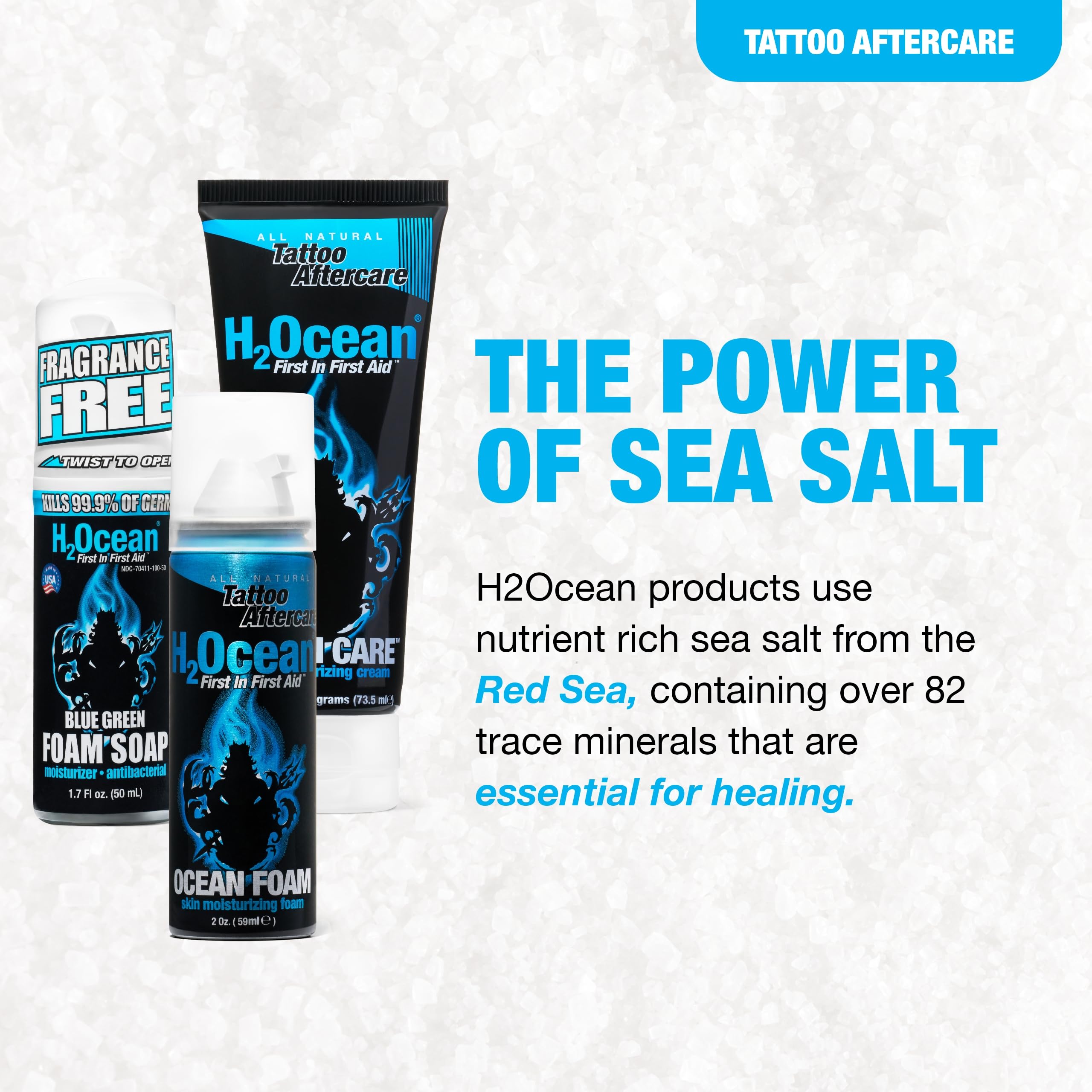 H2Ocean Ultimate Tattoo Aftercare Kit — 3-Step Water-Based Regimen (Soap, Cream, Foam)