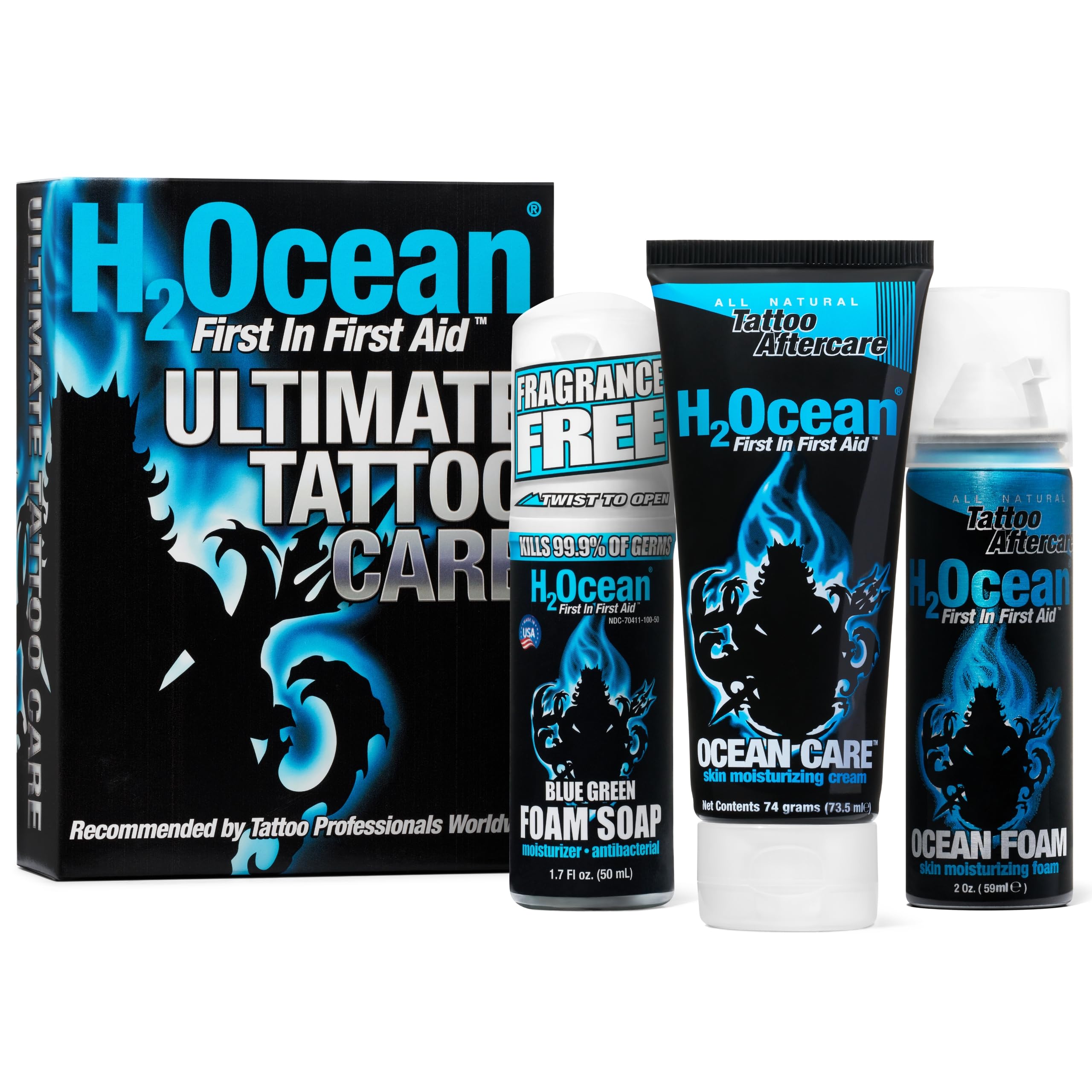 H2Ocean Ultimate Tattoo Aftercare Kit — 3-Step Water-Based Regimen (Soap, Cream, Foam)