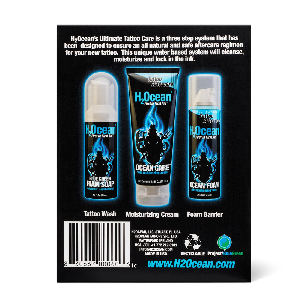 H2Ocean Ultimate Tattoo Aftercare Kit — 3-Step Water-Based Regimen (Soap, Cream, Foam)