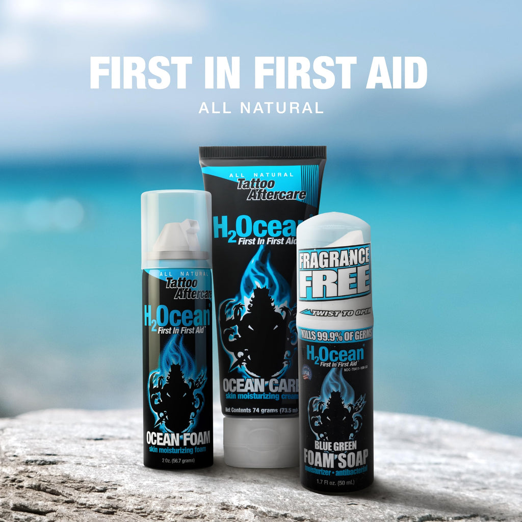 H2Ocean Ultimate Tattoo Aftercare Kit — 3-Step Water-Based Regimen (Soap, Cream, Foam)
