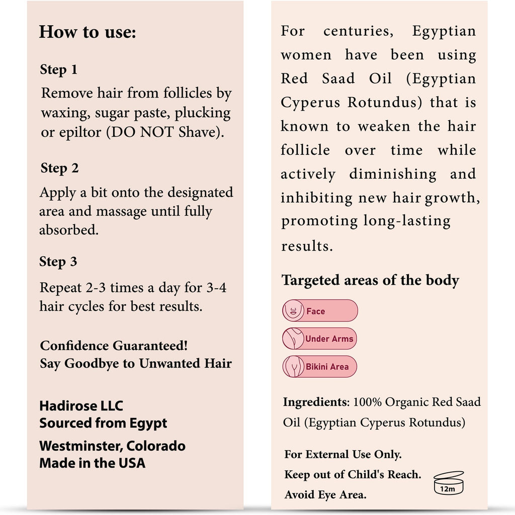 Hadirose 100% Egyptian Cyperus Rotundus Red Saad Oil – All Natural Hair Removal Oil | Made in USA