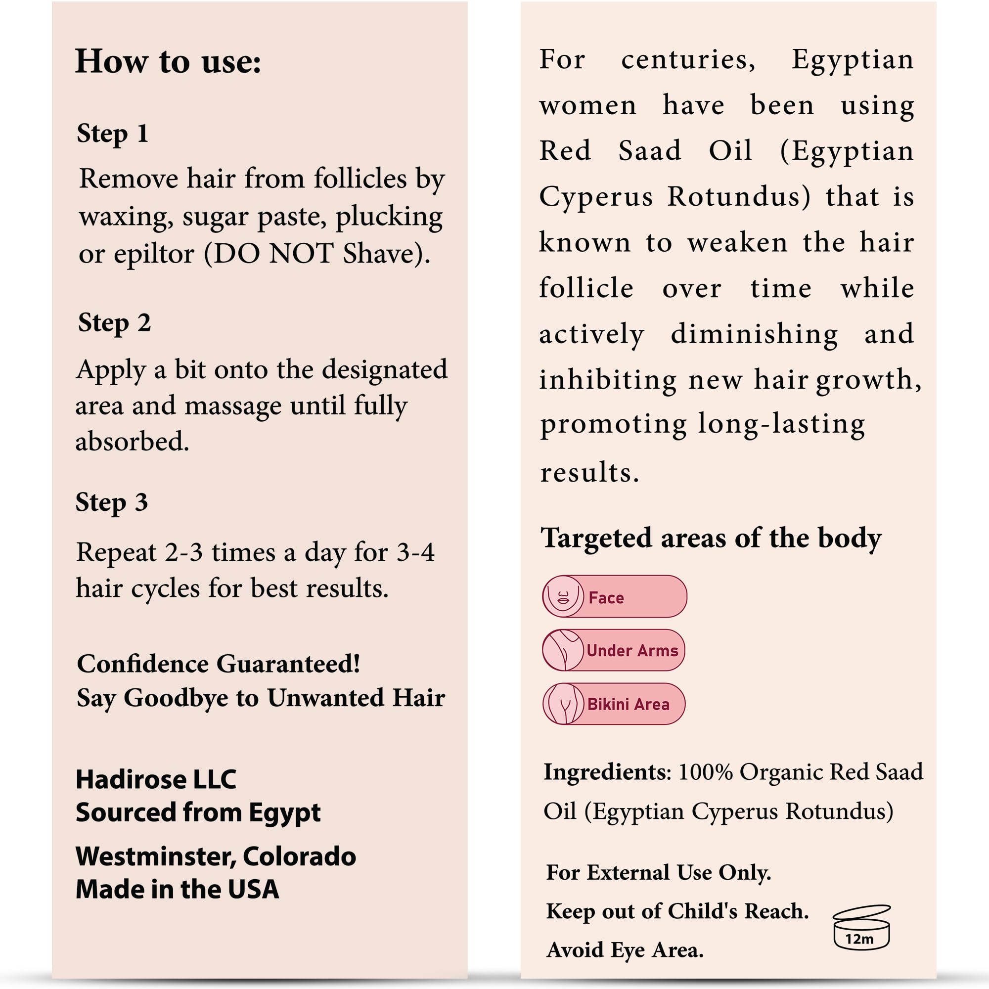 Hadirose 100% Egyptian Cyperus Rotundus Red Saad Oil – All Natural Hair Removal Oil | Made in USA