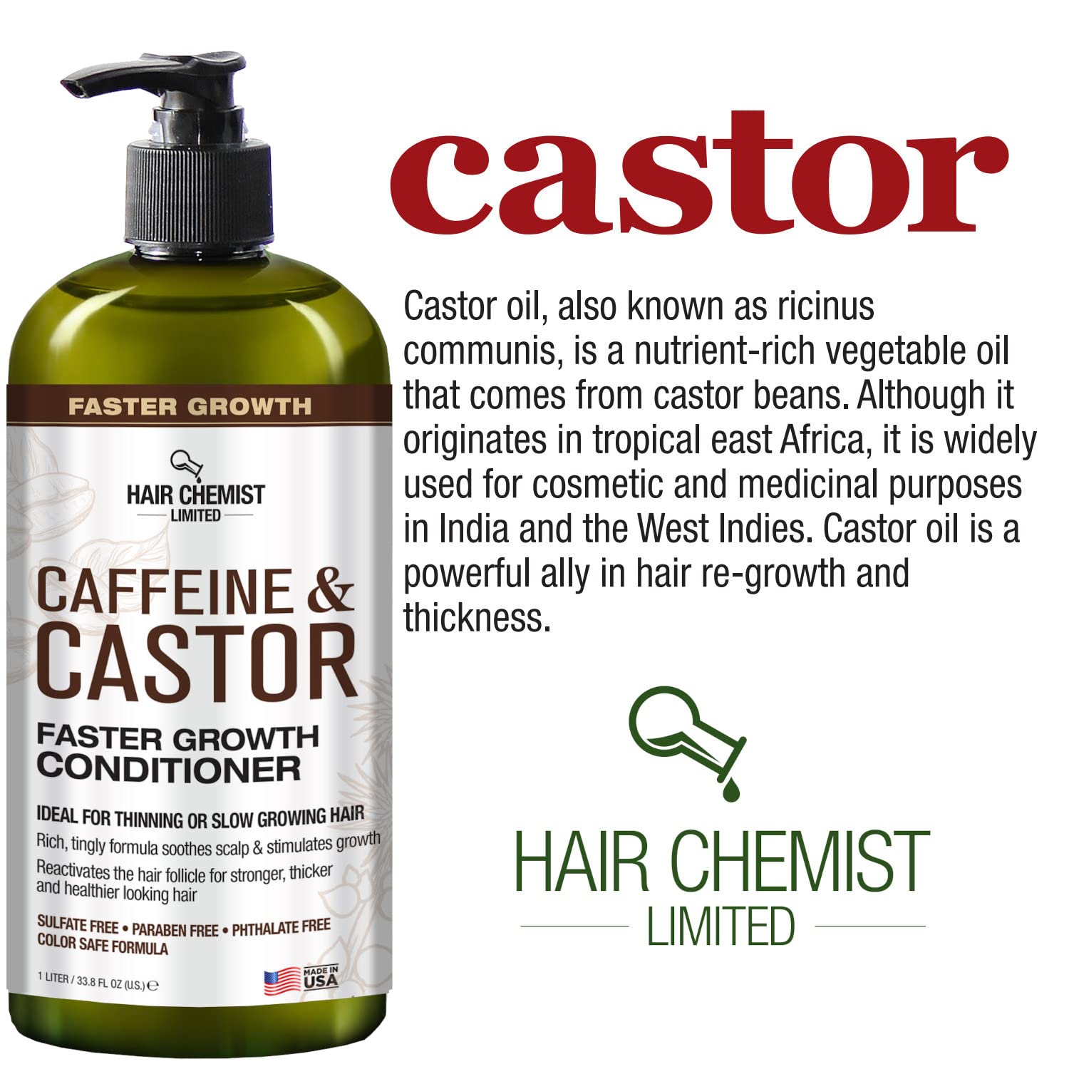 Hair Chemist Caffeine & Castor Faster Growth Conditioner 33.8 oz | Hydrating Hair Conditioner