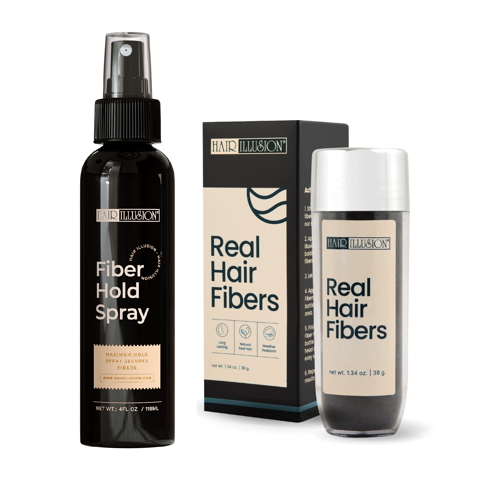 Hair Illusion Brown Real Hair Fibers & Fiber Holding Spray Bundle – 100% Real Hair, Natural Coverage (38 g)