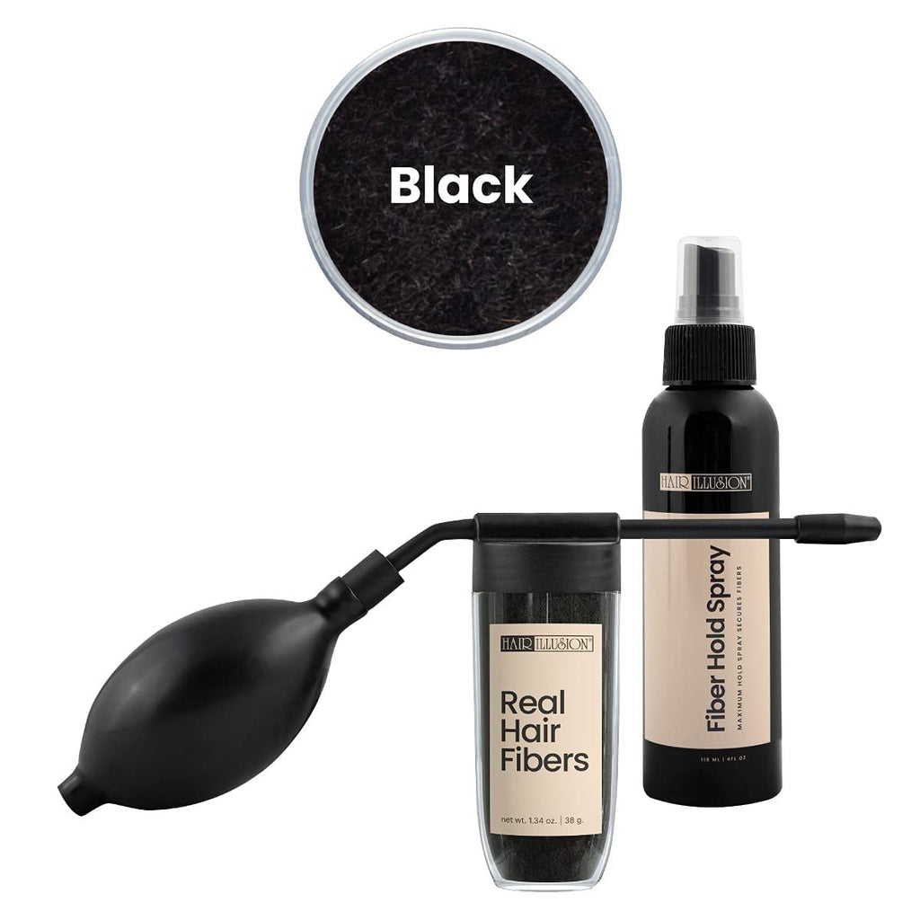Hair Illusion Combo Kit – Hold Spray, 38g Fiber Bottle & Hairline Optimizer (Black)