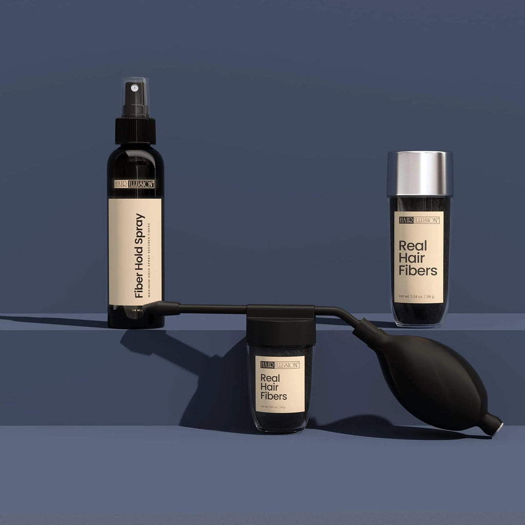 Hair Illusion Combo Kit – Hold Spray, 38g Fiber Bottle & Hairline Optimizer (Black)