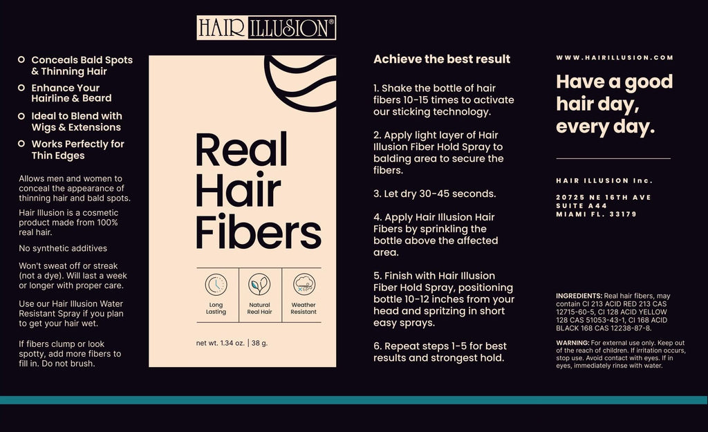 Hair Illusion Black Real Hair Fibers – 2-Pack (38g Each) for Thinning Hair – Natural, Non-Synthetic Coverage