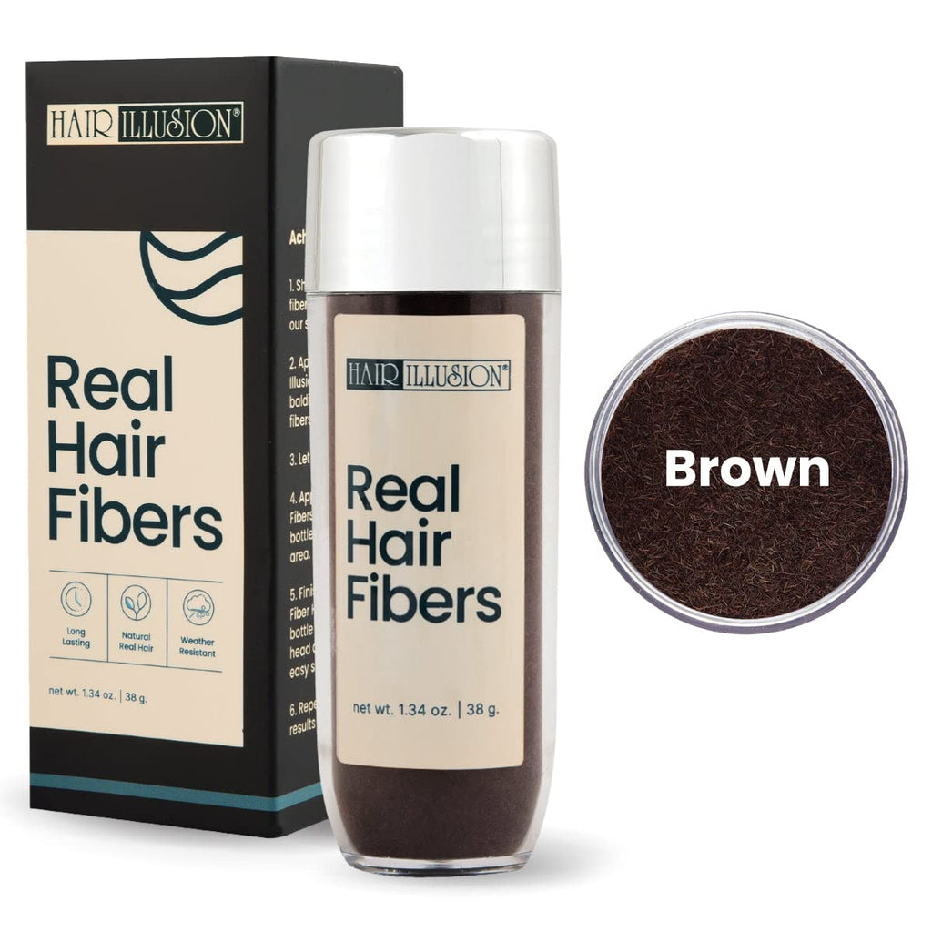 Hair Illusion Brown Real Hair Fibers & Fiber Holding Spray Bundle – 100% Real Hair, Natural Coverage (38 g)