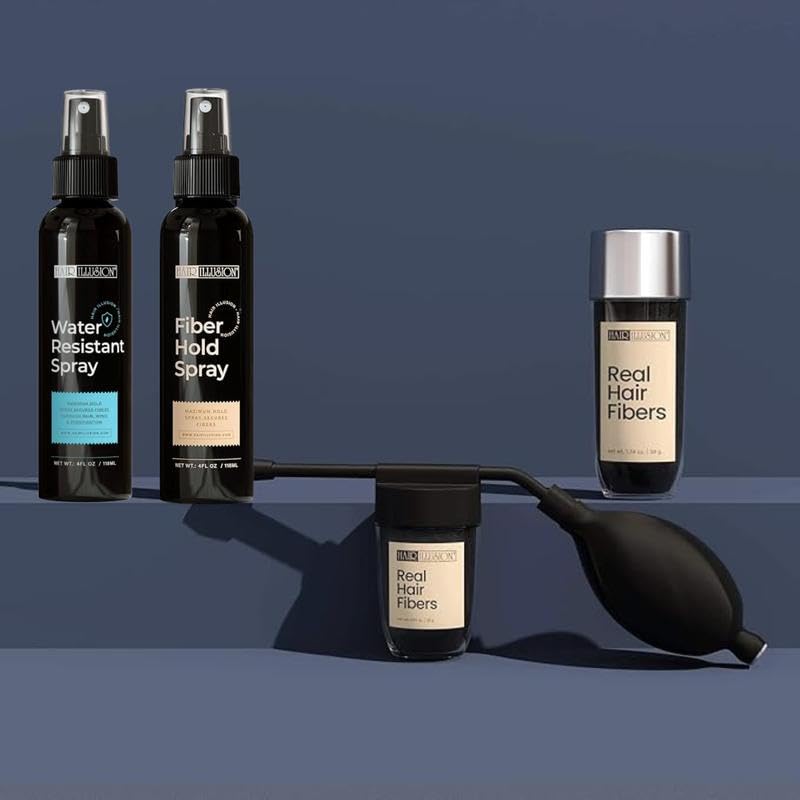 Hair Illusion 100% Real Hair Fibers Combo Kit — Instant Fuller Hair for Thinning Hair (Black)