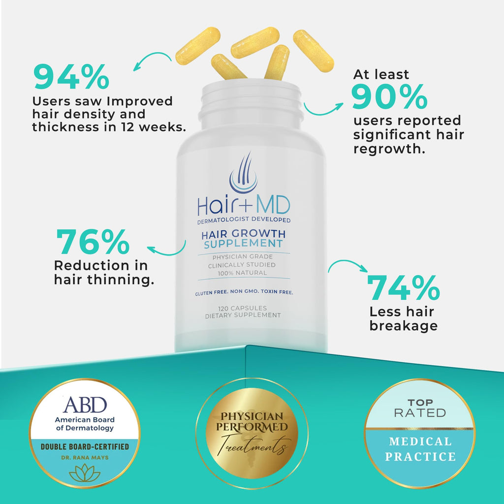 Hair Plus MD Hair Growth Supplement – 120 Capsules for Fuller, Denser Hair | Dermatologist-Developed Formula