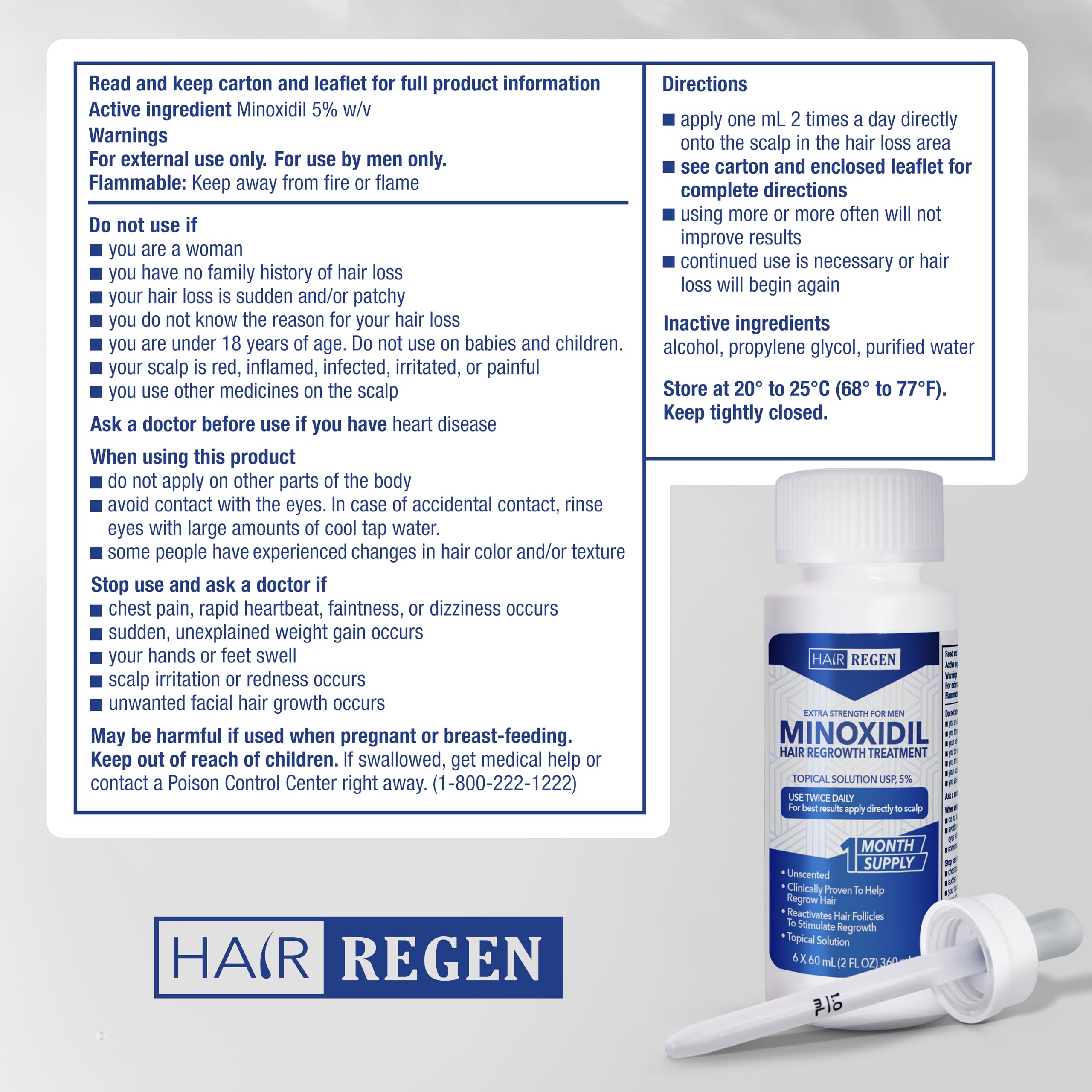 Hair Regen Minoxidil 5% + 0.25mm Derma Roller – 6-Month Supply for Men