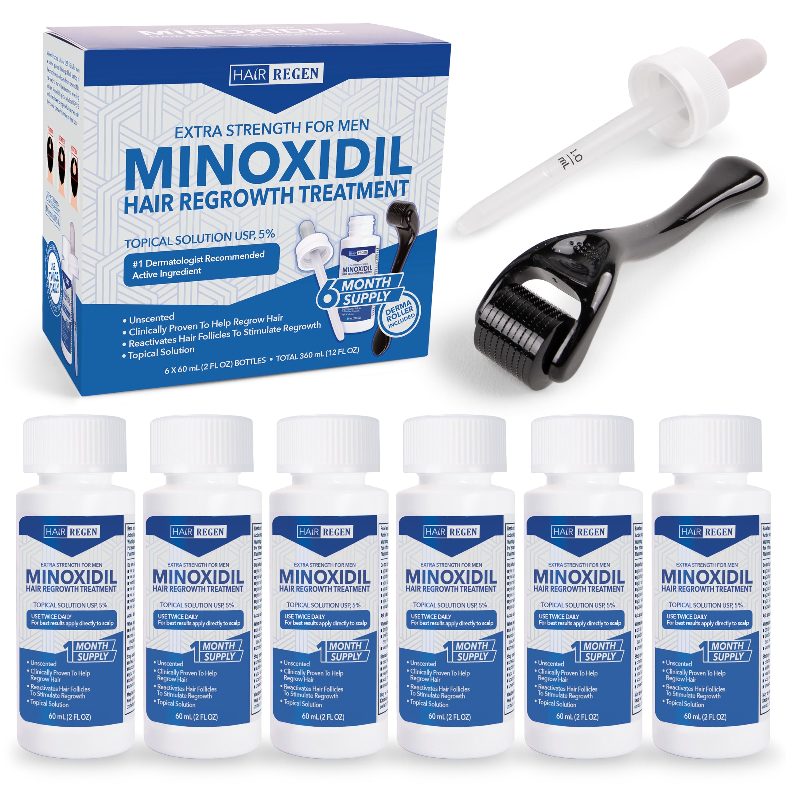 Hair Regen Minoxidil 5% + 0.25mm Derma Roller – 6-Month Supply for Men