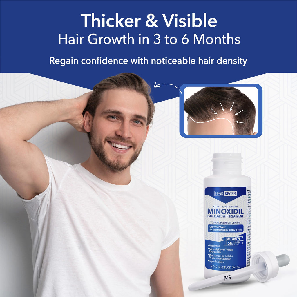 Hair Regen Minoxidil 5% + 0.25mm Derma Roller – 6-Month Supply for Men