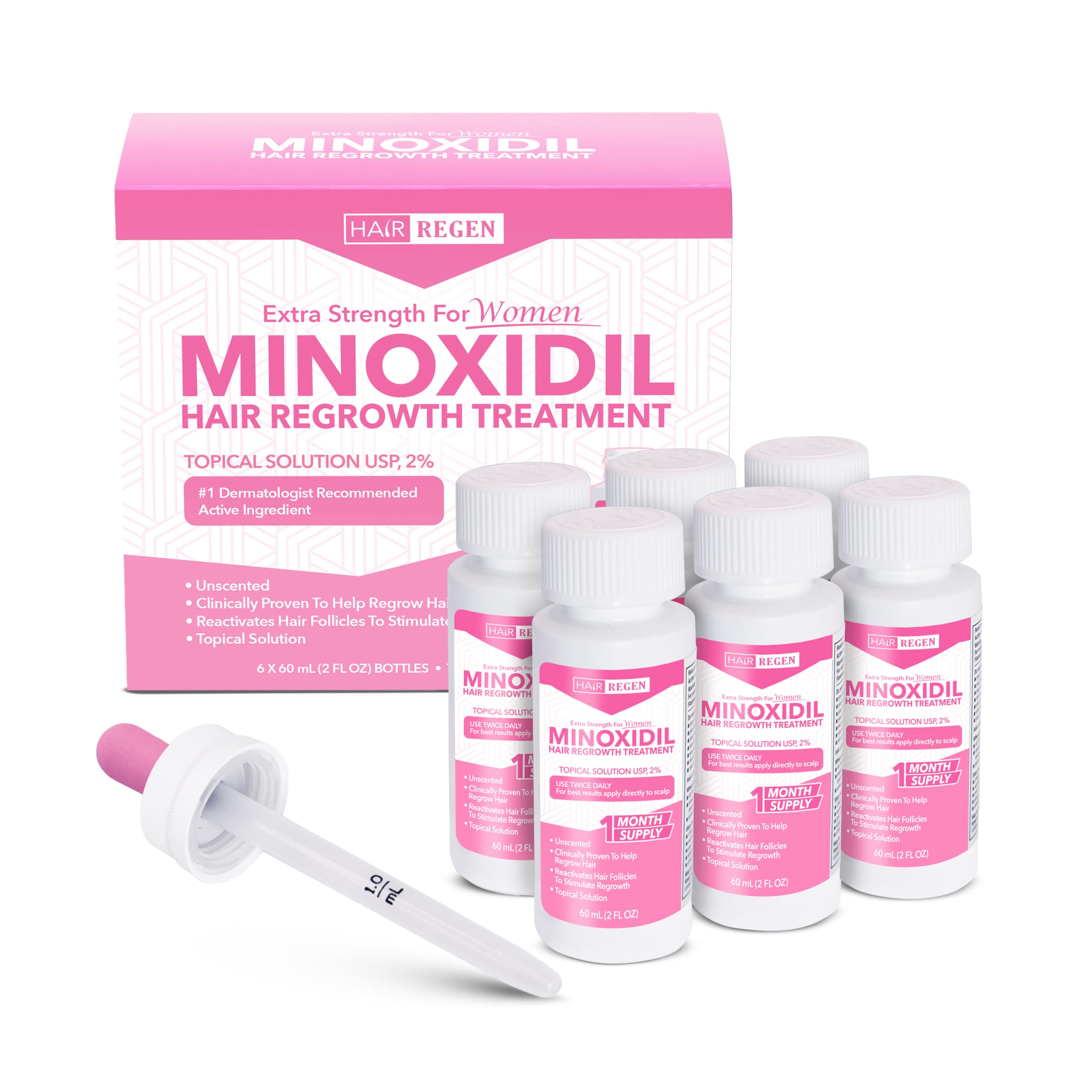 Hair Regen 2% Minoxidil for Women – Extra Strength Topical Solution (6 Pack)