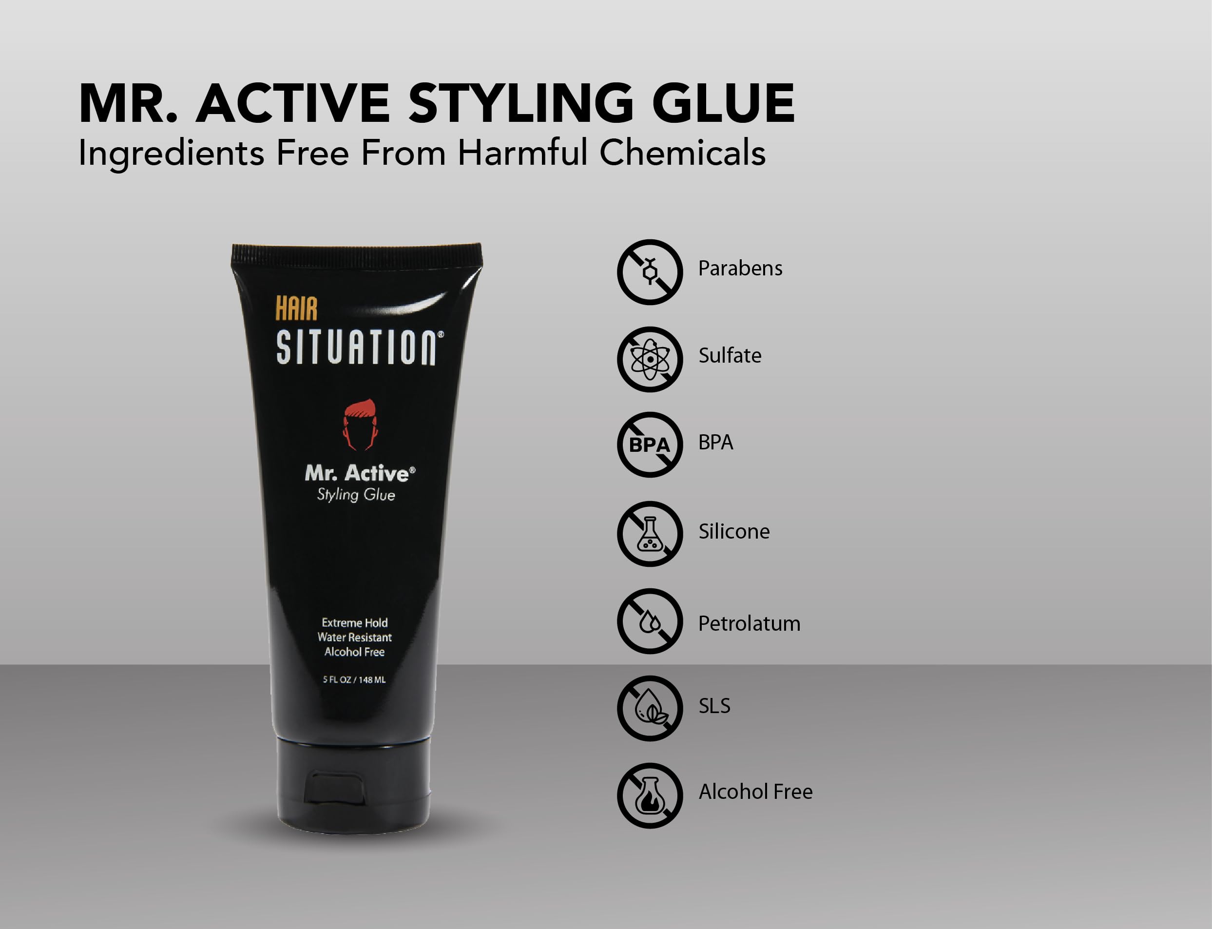 Hair Situation Mr. Active Hair Styling Glue – Strong Hold Gel for Men, Anti-Frizz, Humidity Shield, Alcohol-Free, 3×5oz
