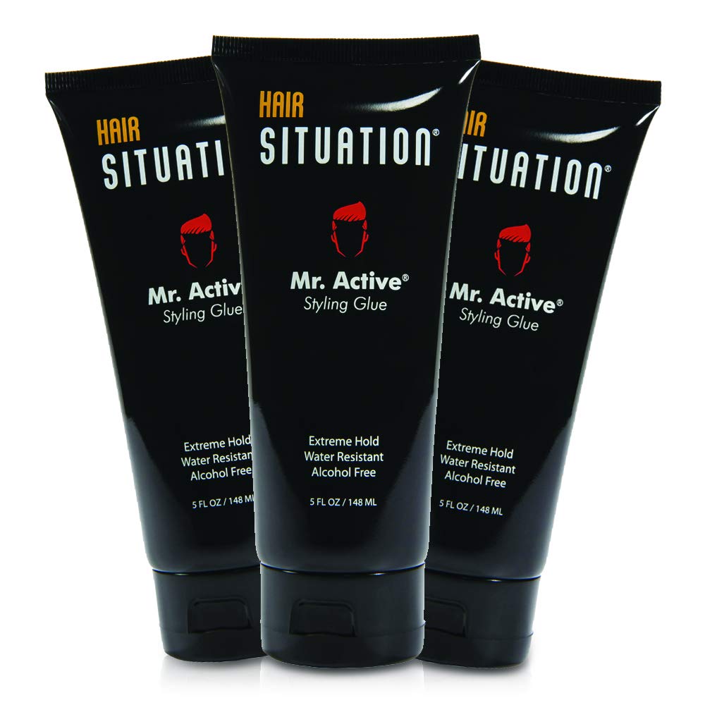 Hair Situation Mr. Active Hair Styling Glue – Strong Hold Gel for Men, Anti-Frizz, Humidity Shield, Alcohol-Free, 3×5oz