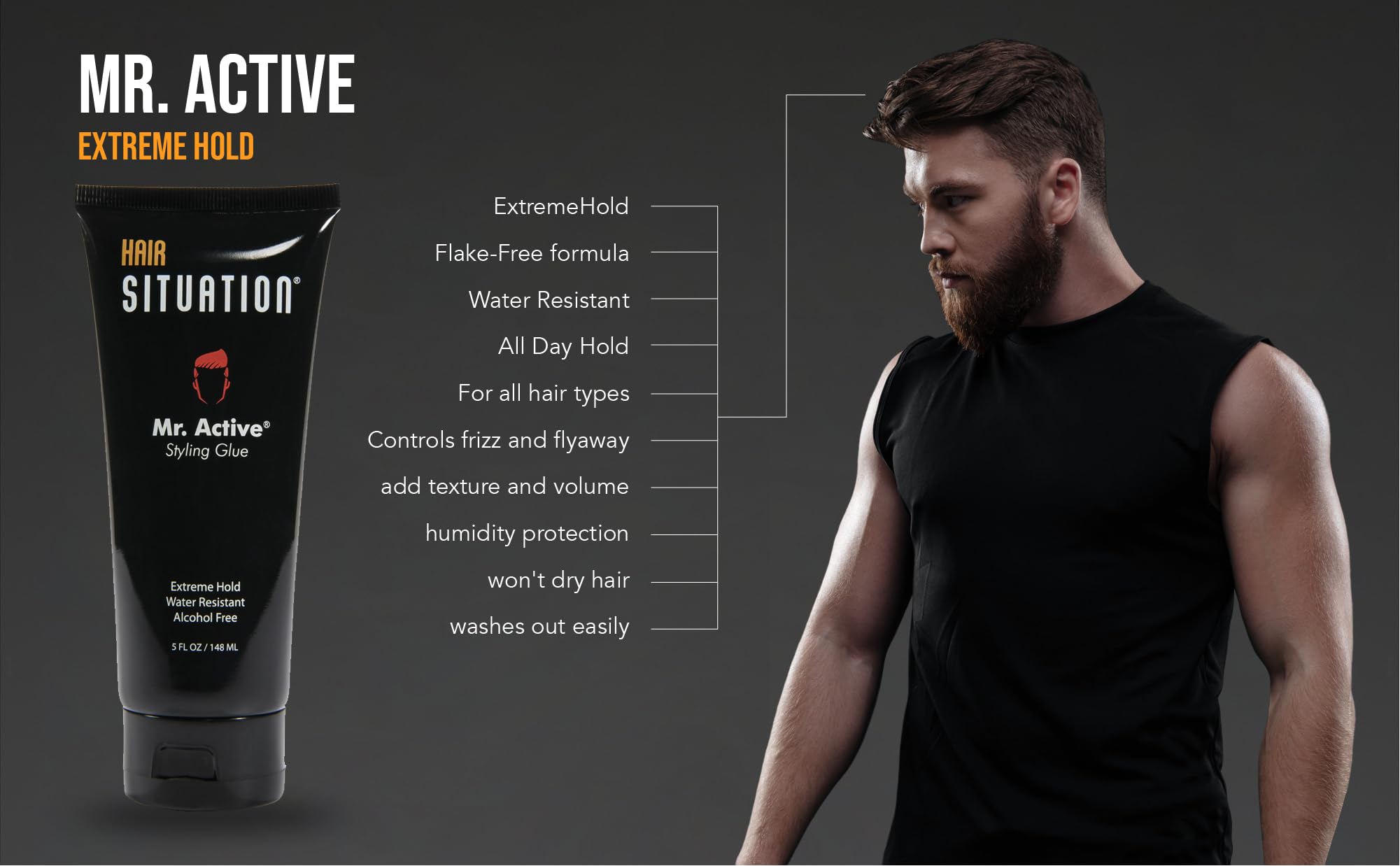 Hair Situation Mr. Active Hair Styling Glue – Strong Hold Gel for Men, Anti-Frizz, Humidity Shield, Alcohol-Free, 3×5oz