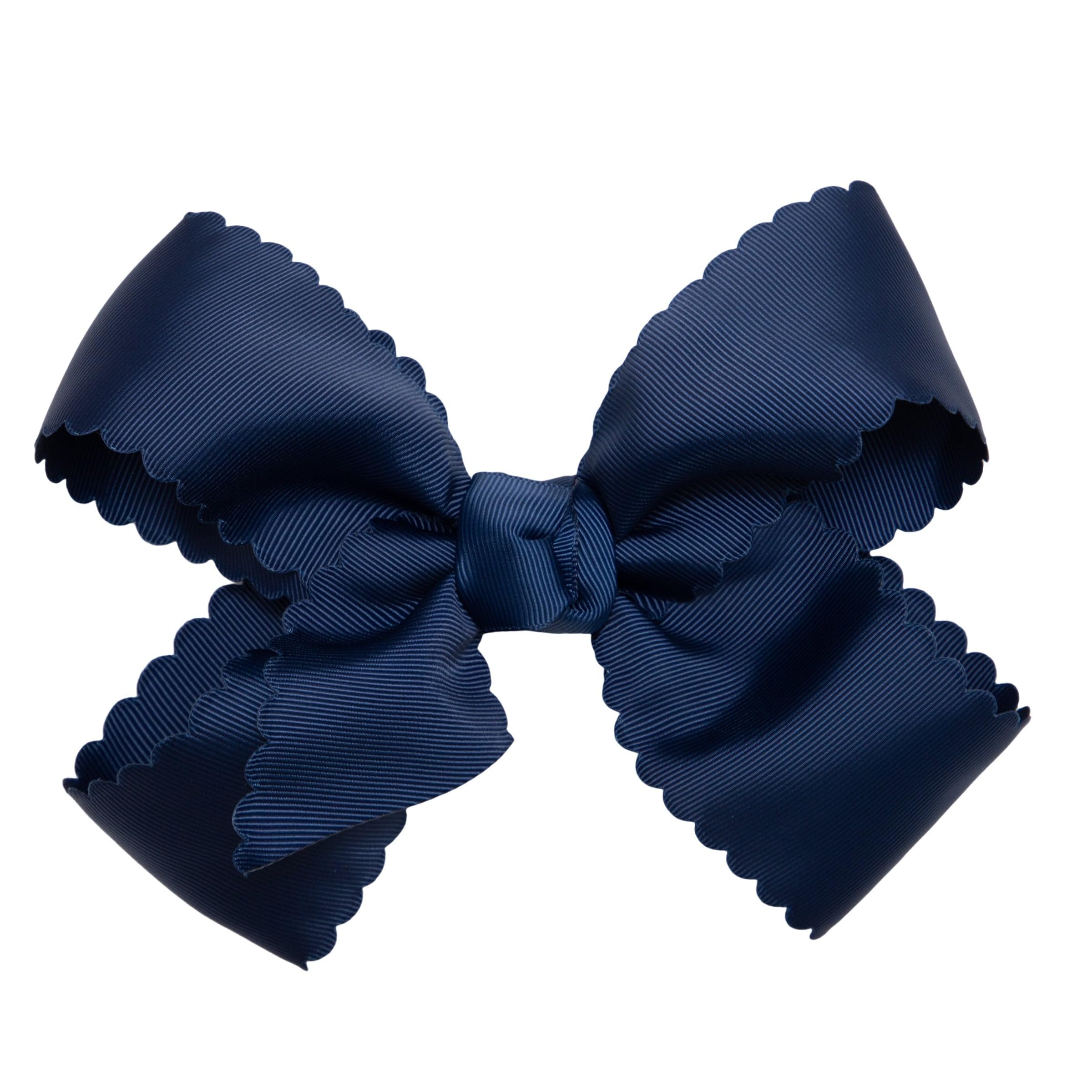 HAIRBOWS Navy Grosgrain Scalloped Edge Bow with Knot Wrap Center on Clip – 6 Inch