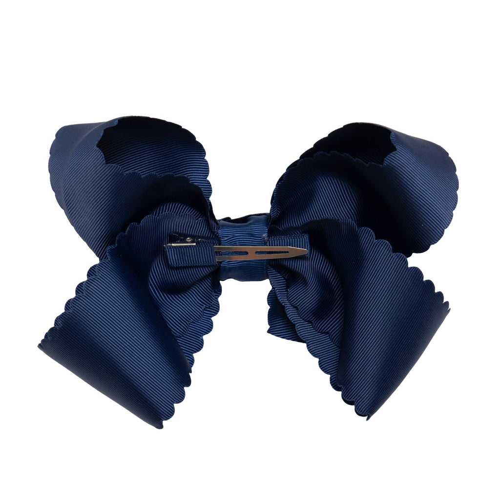 HAIRBOWS Navy Grosgrain Scalloped Edge Bow with Knot Wrap Center on Clip – 6 Inch