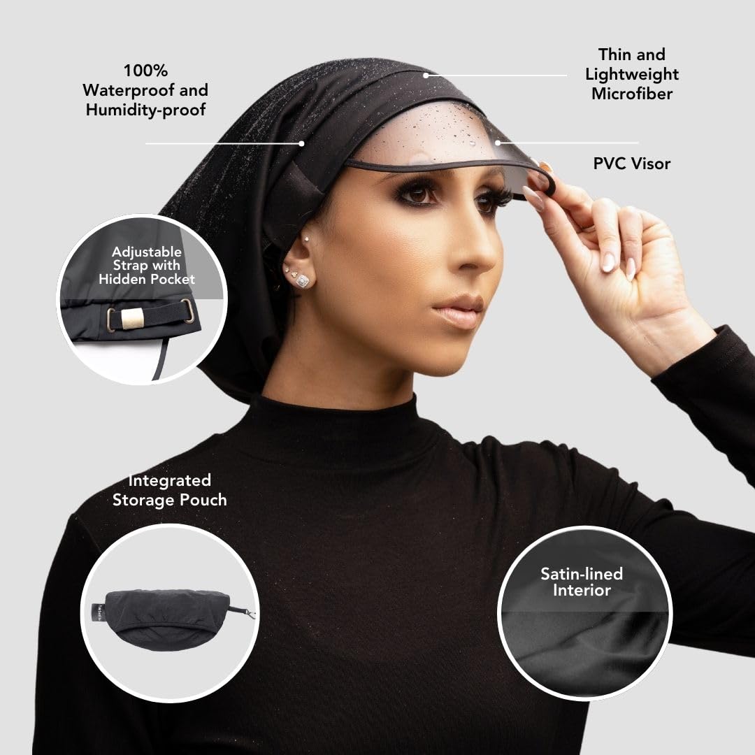 Hairbrella 100% Waterproof Rain Hat for Women – Satin Lined, Packable, Full Hair Coverage (Black)