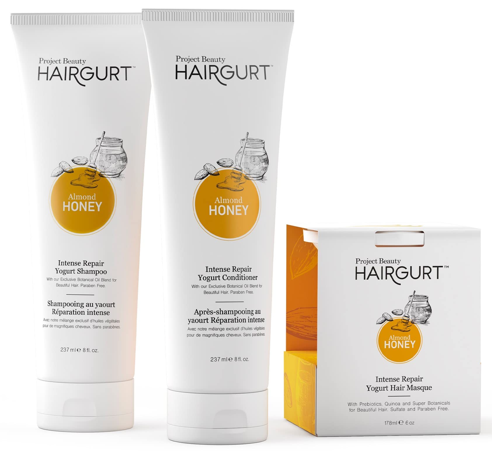 Hairgurt Intense Repair Almond-Honey Conditioner Set — Shampoo, Conditioner & Hair Mask for Dry, Damaged, Frizzy Hair (8 fl oz)