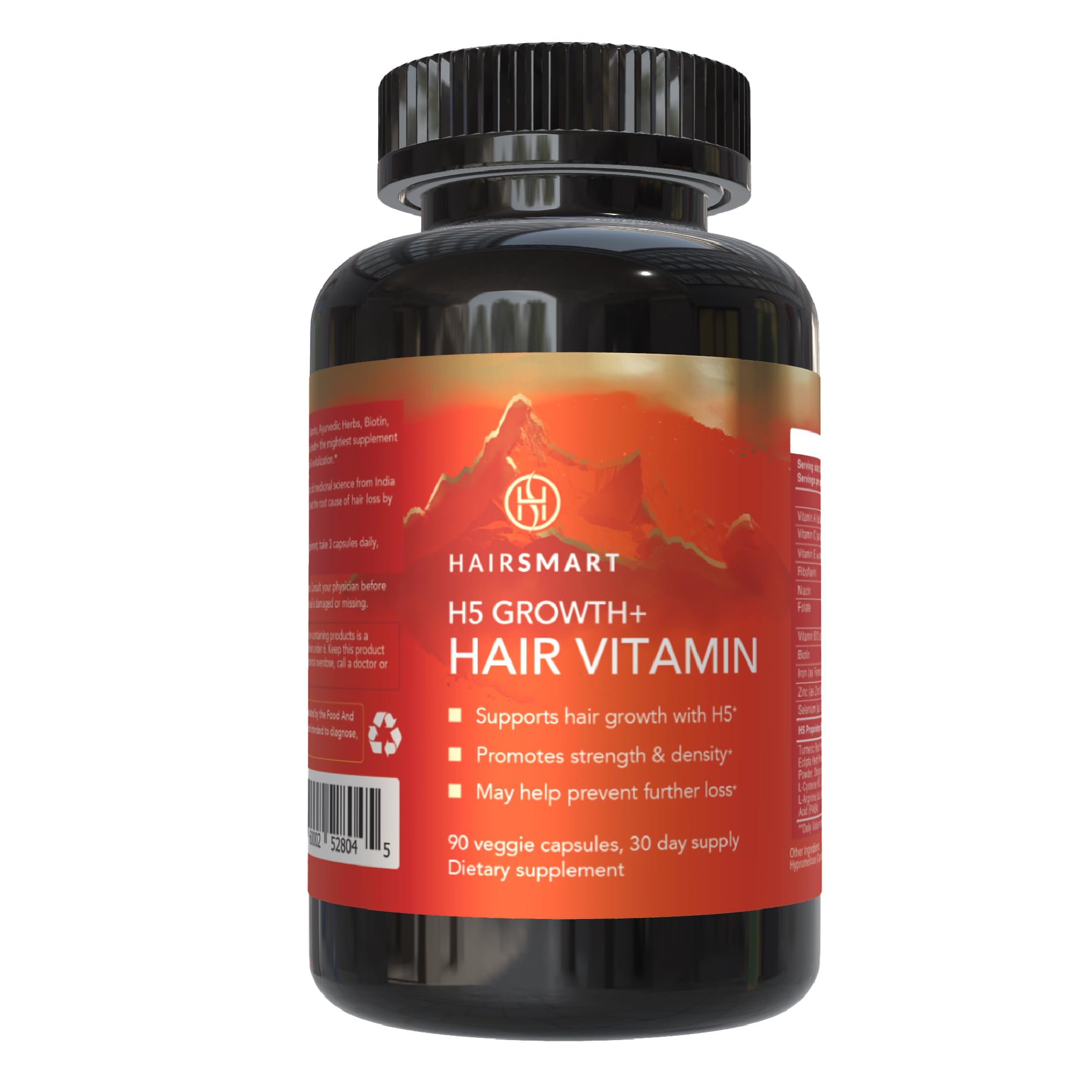 HairSmart H5 Grow+ Hair Vitamin Supplement – Biotin, Ayurvedic Herbs & 5 Nutrient Groups for Growth, Density & Strength (90 Count)