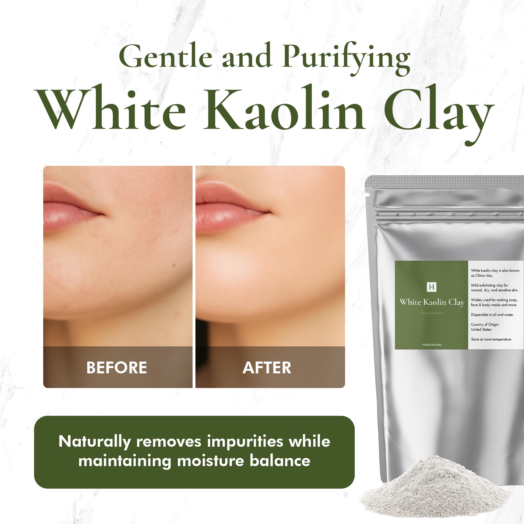 HalalEveryday White Kaolin Clay Powder – 2 lb Cosmetic Grade, 100% Natural for DIY Masks, Soap Making & Bath Bombs