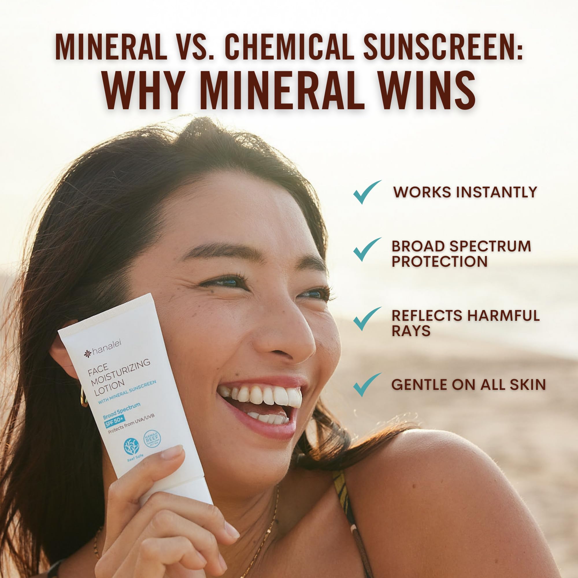Hanalei Mineral Sunscreen Face Moisturizer SPF 50 – Dermatologist Tested, Reef-Safe, 3-in-1 Hydrating Primer