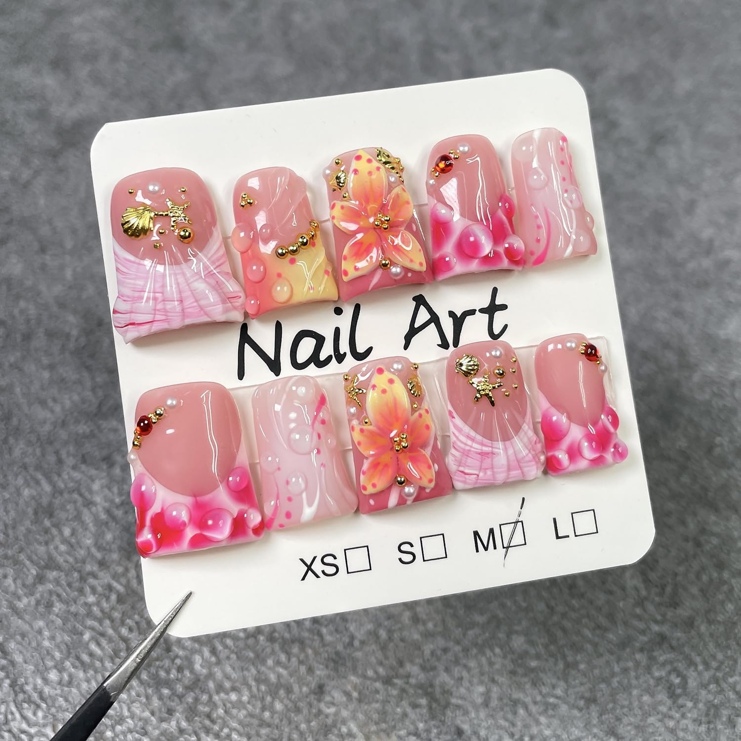 Handemade Press On Nails – Thick Gel Acrylic, Short Duck Shape, Floral Water Droplets