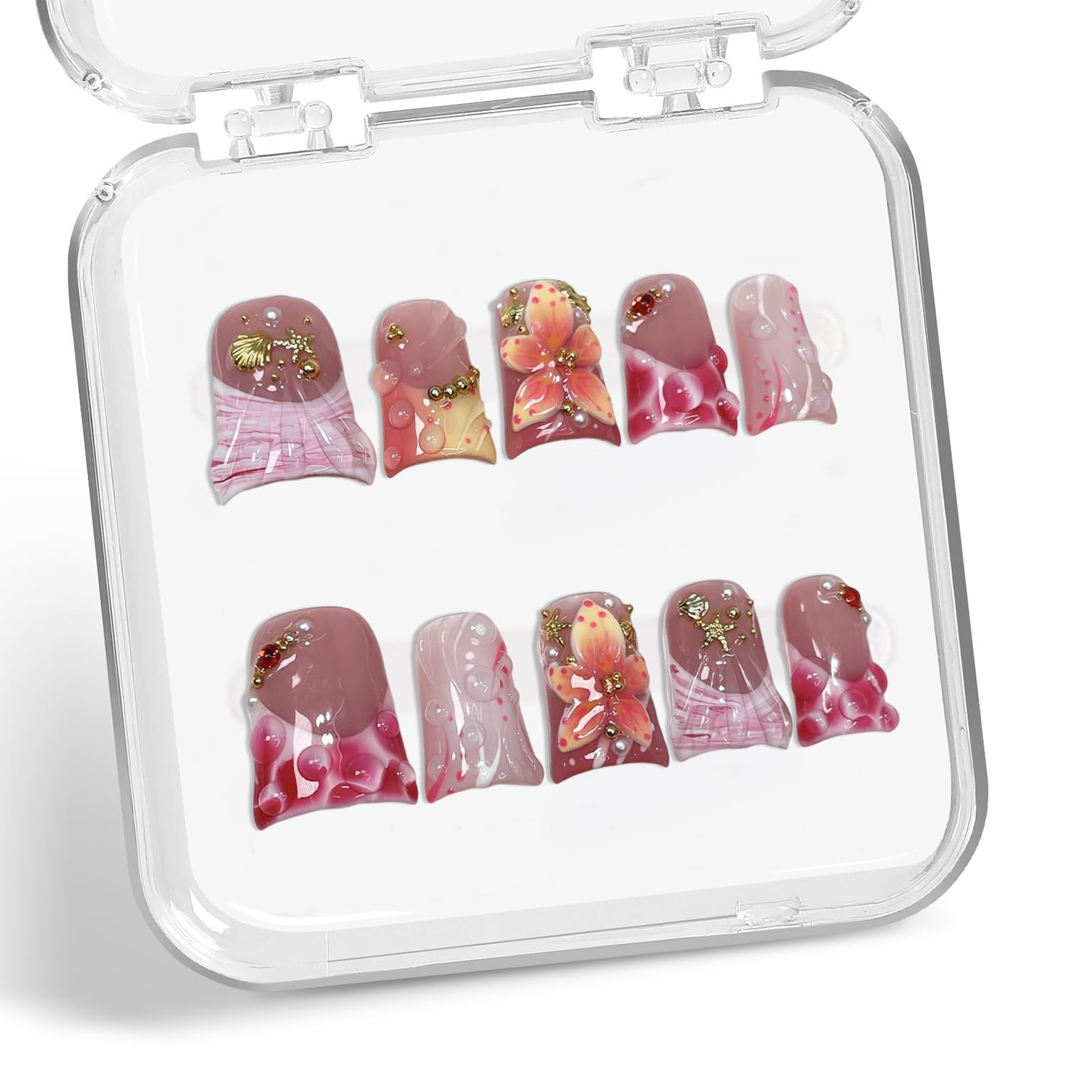 Handemade Press On Nails – Thick Gel Acrylic, Short Duck Shape, Floral Water Droplets