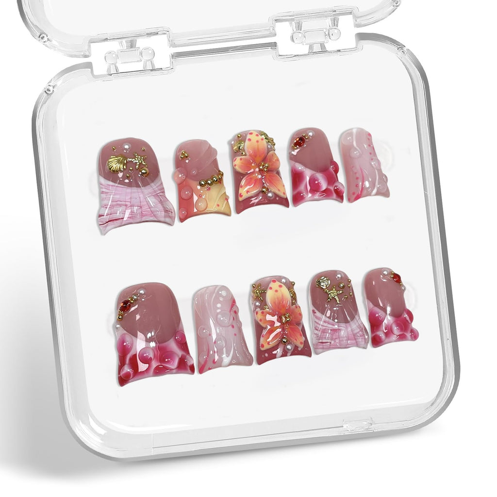 Handemade Thick Multi-Layer Gel Nail Press-On Nails – Short Duck Design with Water Droplets & Flower Gradient (10pcs)