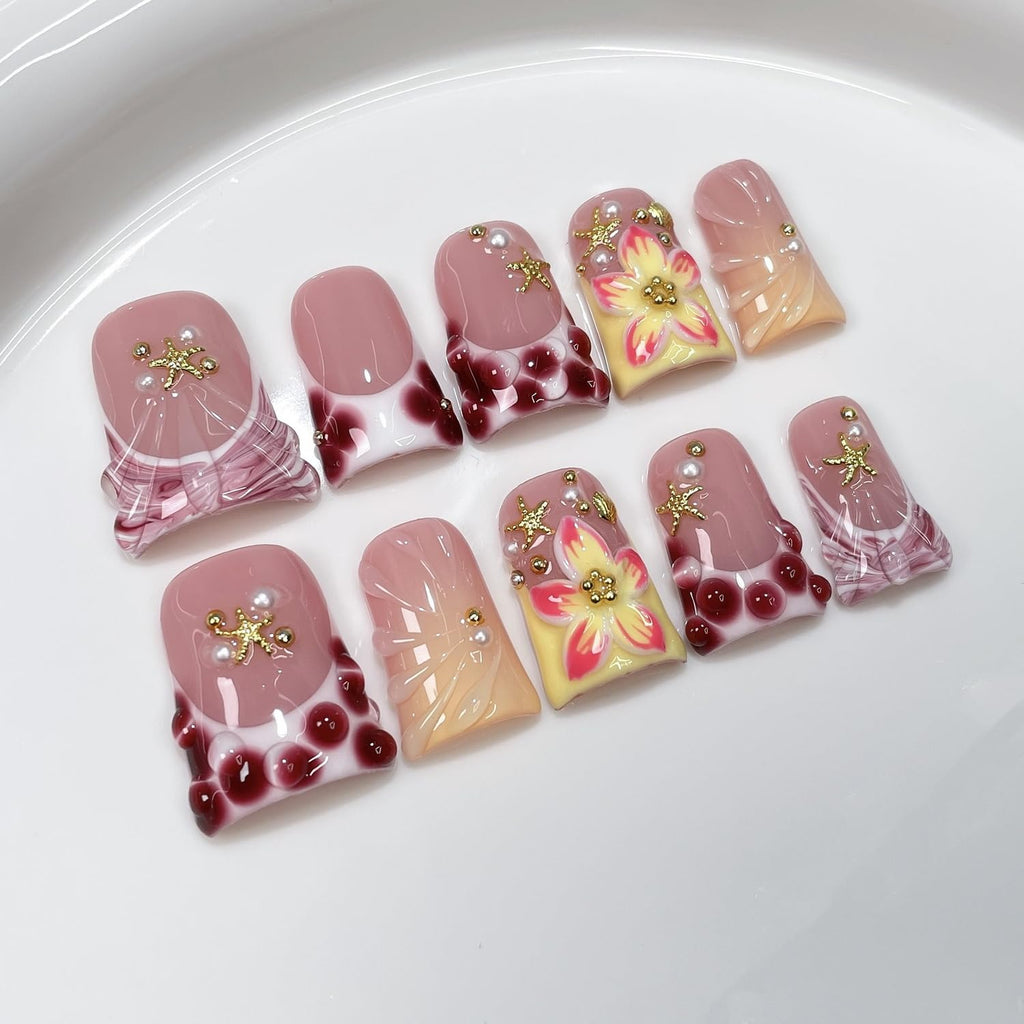 Handmade Flower Press-on Nails – 3D Seashell & Pearl Design, Short Duck Style, 10pcs