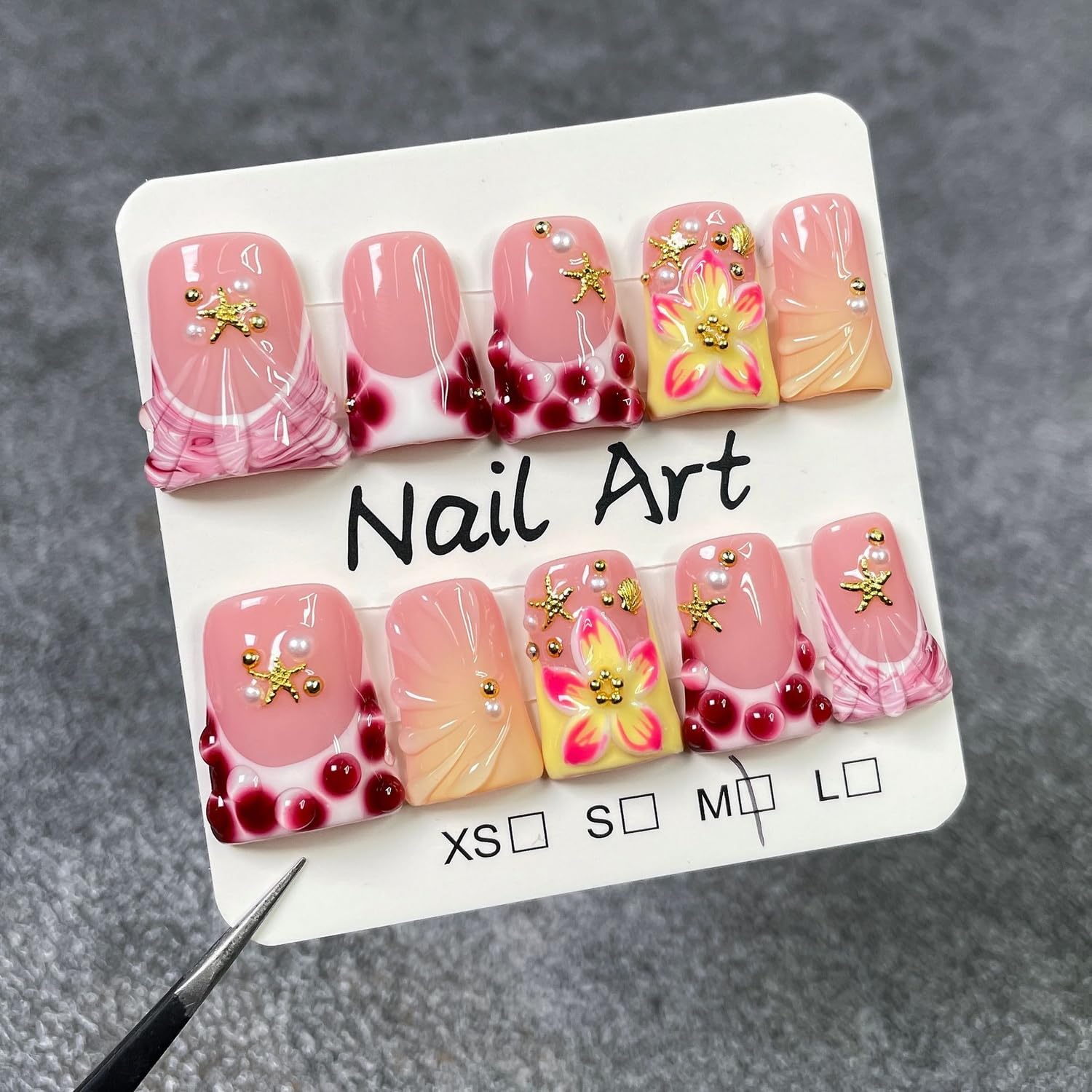 Handmade Flower Press-on Nails – 3D Seashell & Pearl Design, Short Duck Style, 10pcs