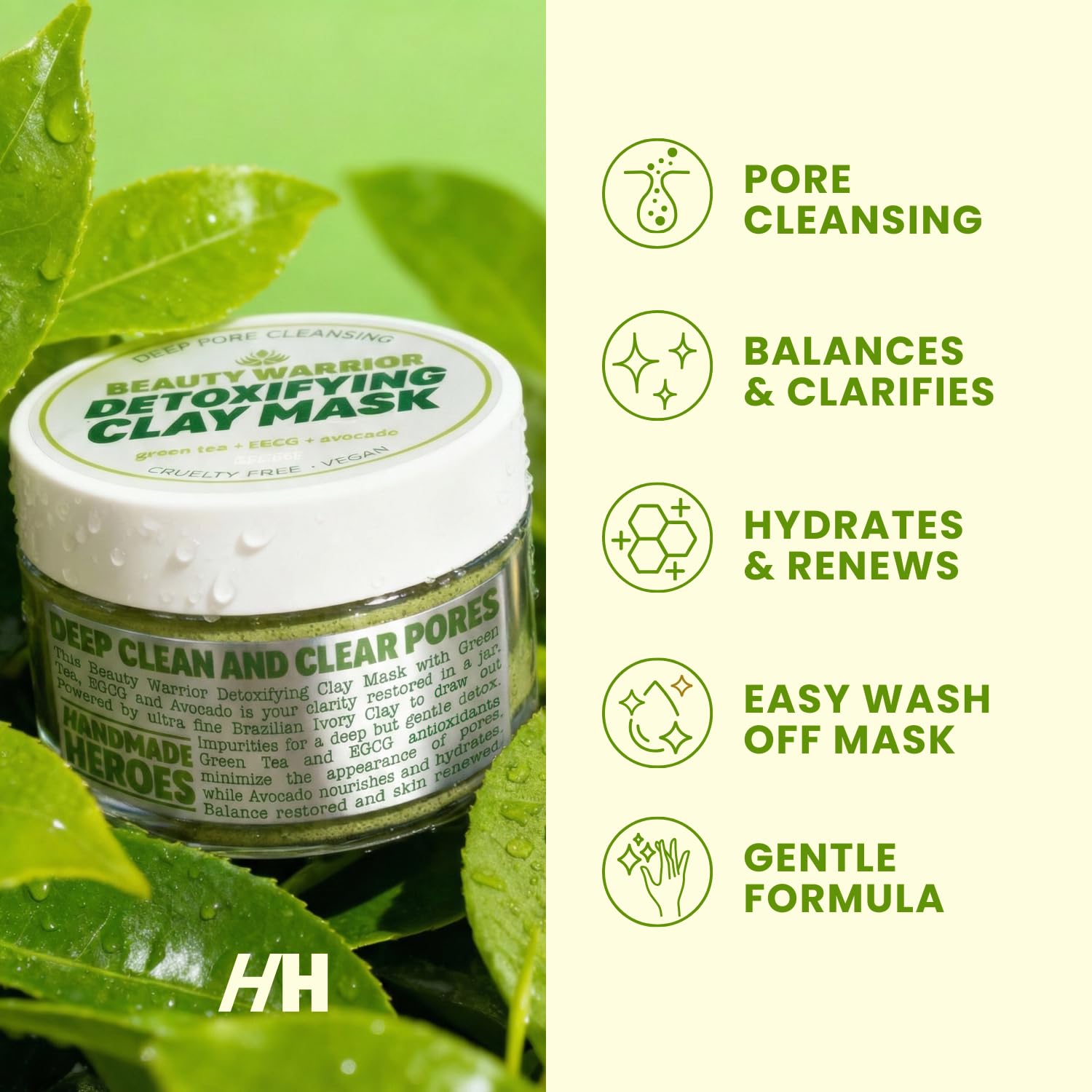 Handmade Heroes Green Tea EGCG Clay Mask – Pore Refining & Oil Control