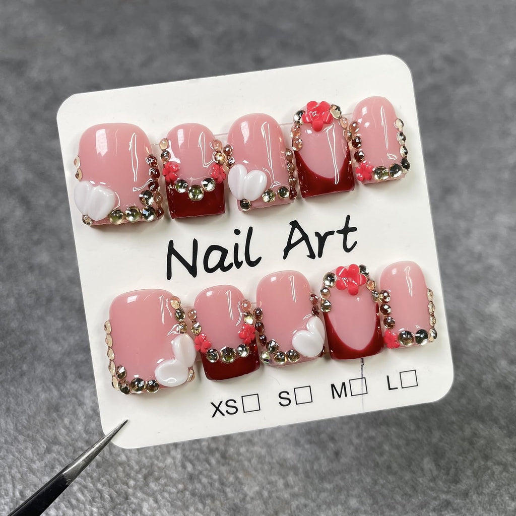 Handmade Red French Tip Press-On Nails – 3D Flower & Rhinestones, Short Square (M)