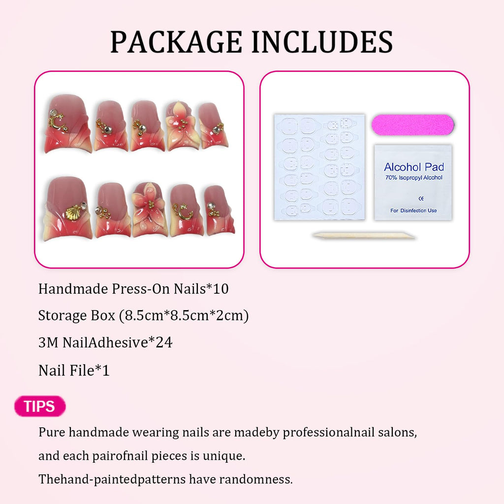 Handmade Nails Short Duck Press-On Nails with 3D Flower Art, Moon Shell Gradient Tip