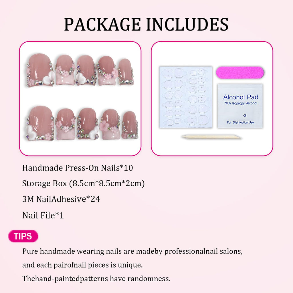 Handmade Press-On Nails – Short Square 3D Floral Pink French Tip with Rhinestones