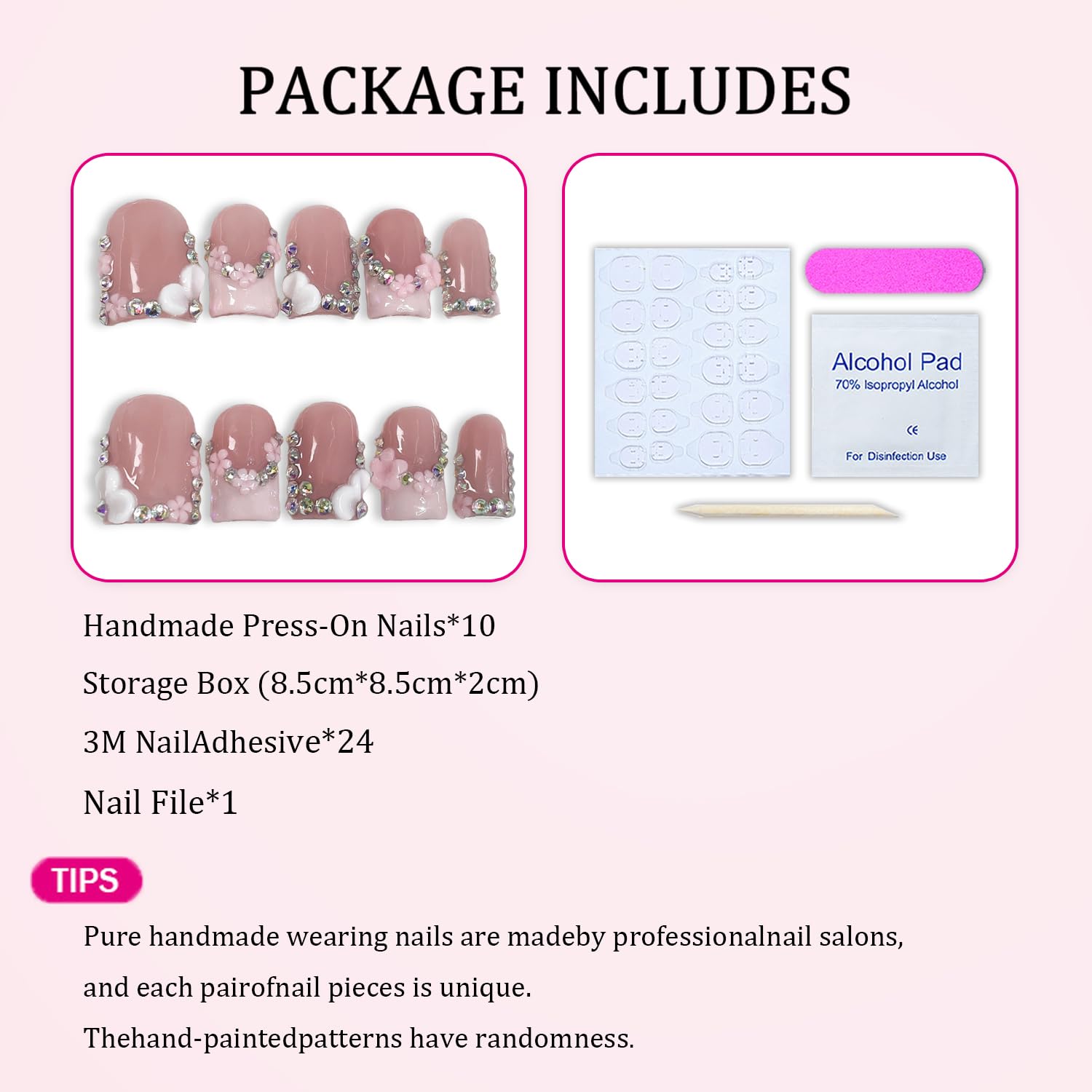 Handmade Press-On Nails – Short Square 3D Floral Pink French Tip with Rhinestones