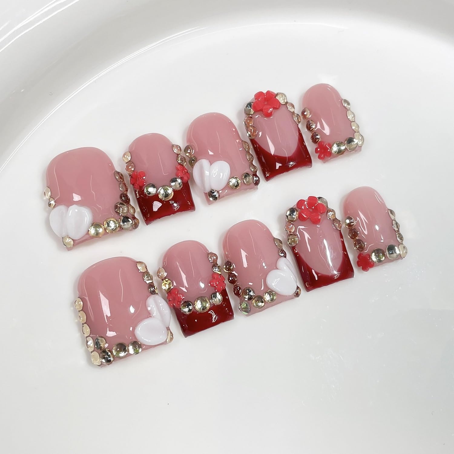 Handmade Red French Tip Press-On Nails – 3D Flower & Rhinestones, Short Square (M)