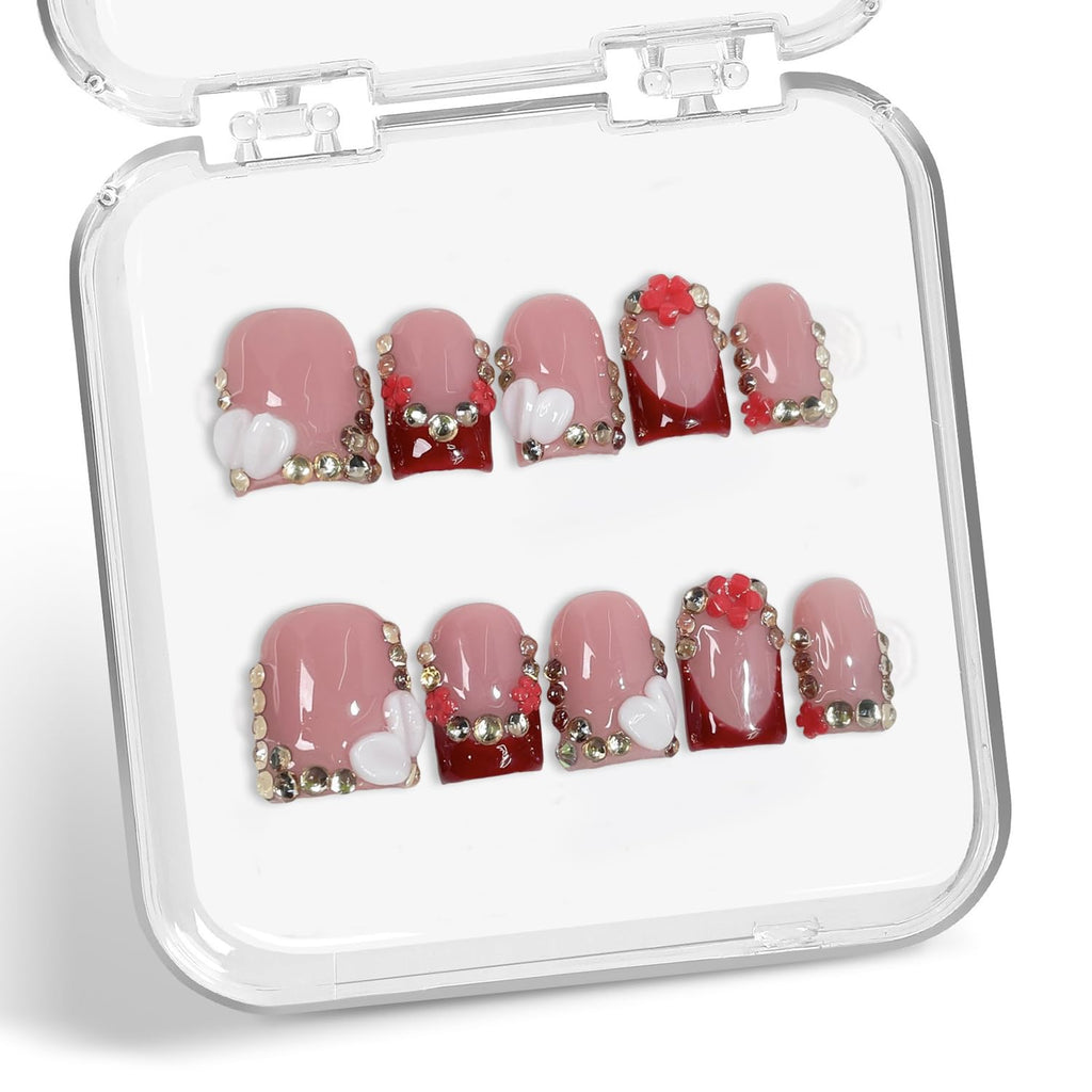 Handmade Red French Tip Press-On Nails – 3D Flower & Rhinestones, Short Square (M)